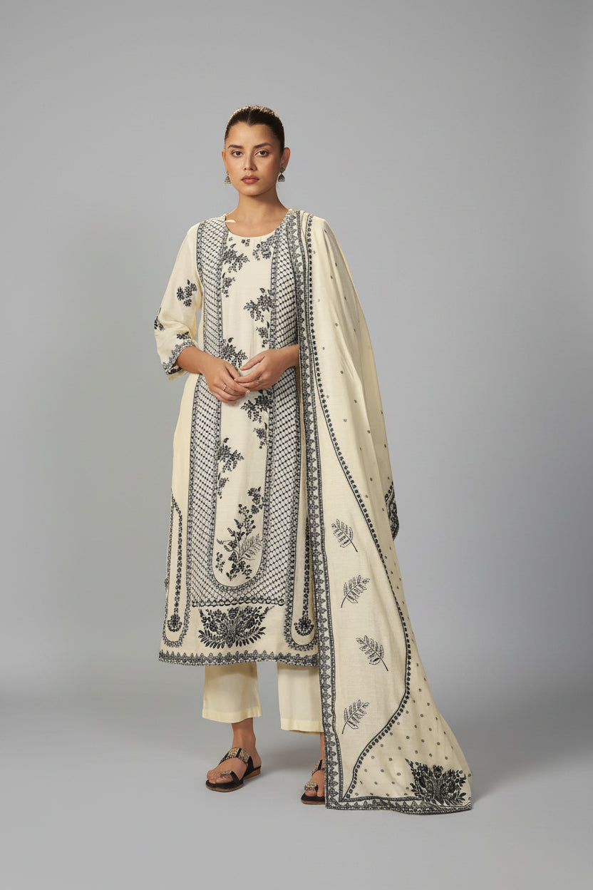 Neutral Cream Muslin Black Jacquard Kurta Set