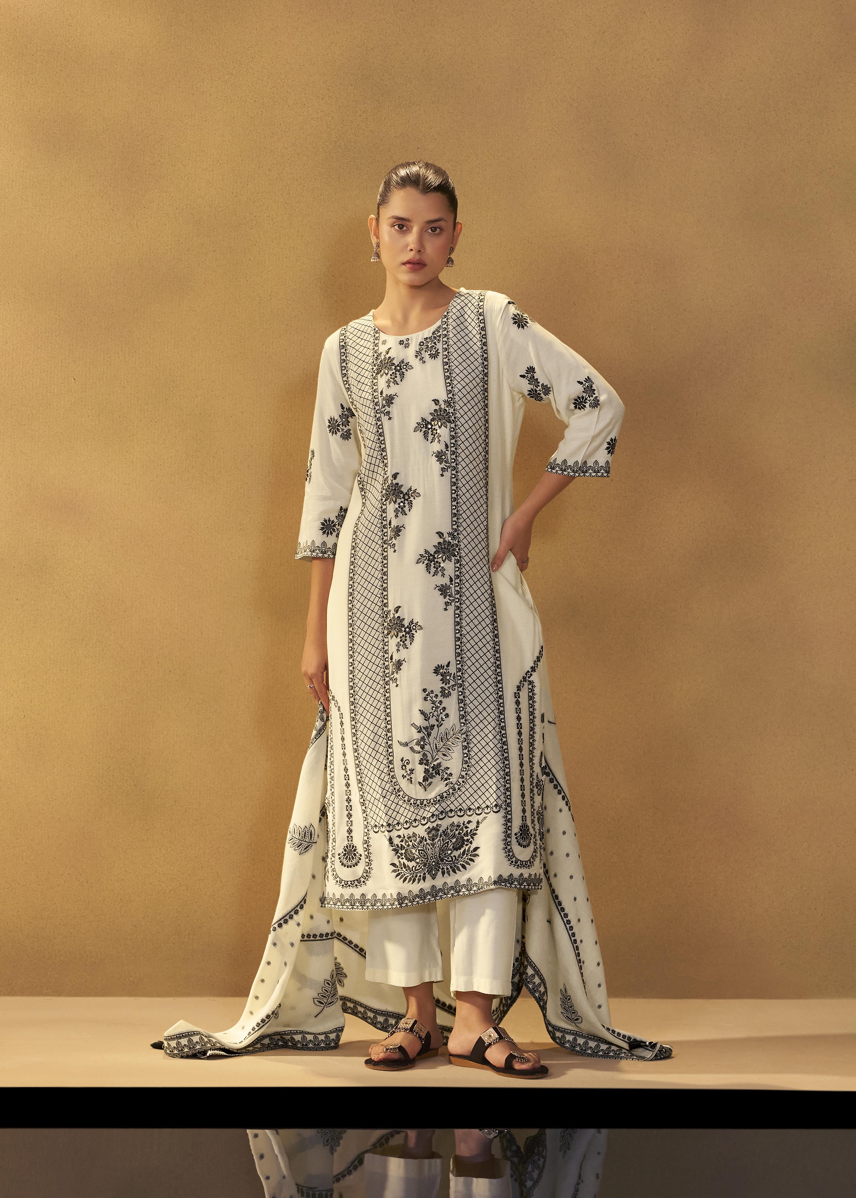 Neutral Cream Muslin Black Jacquard Kurta Set