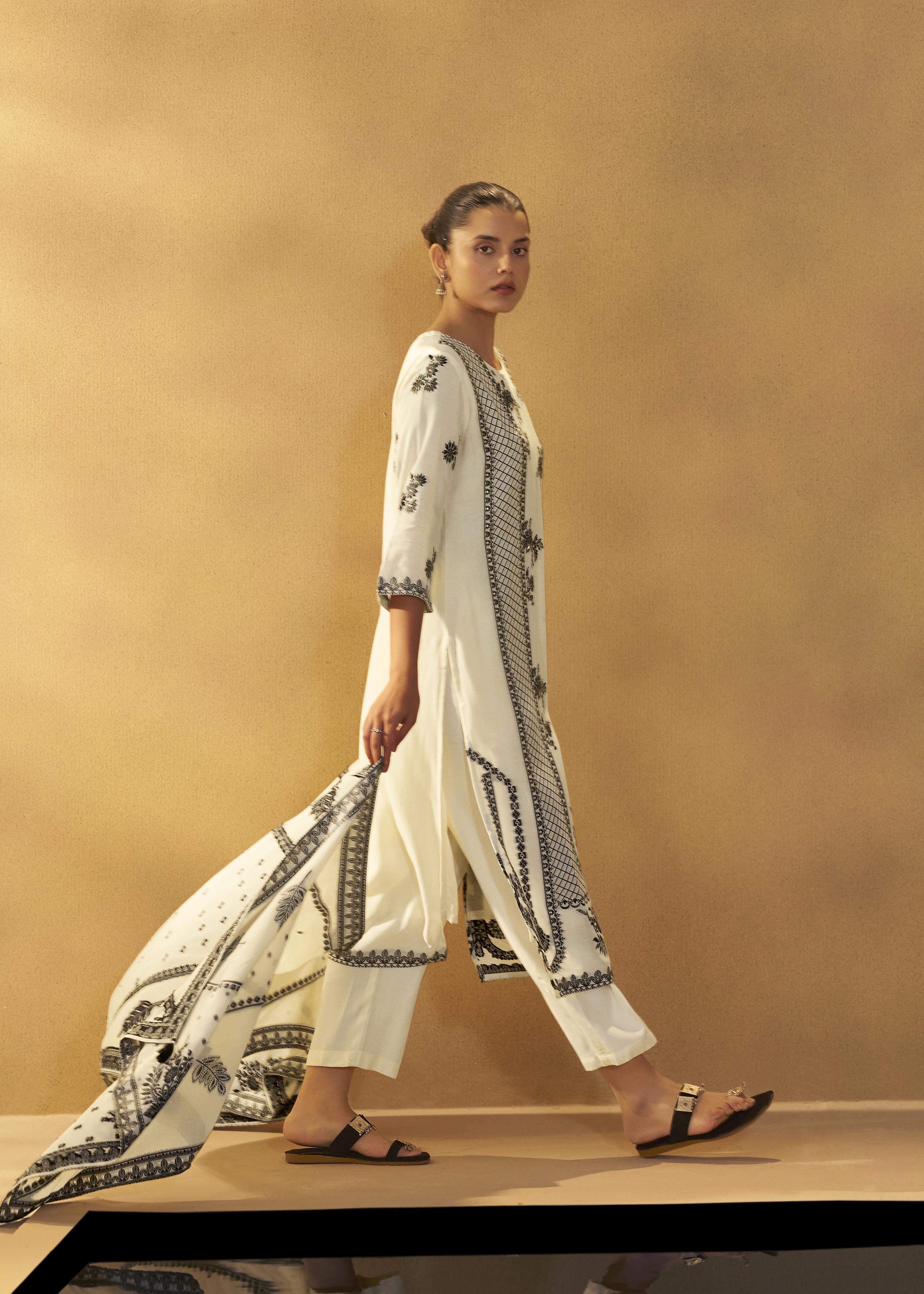 Neutral Cream Muslin Black Jacquard Kurta Set