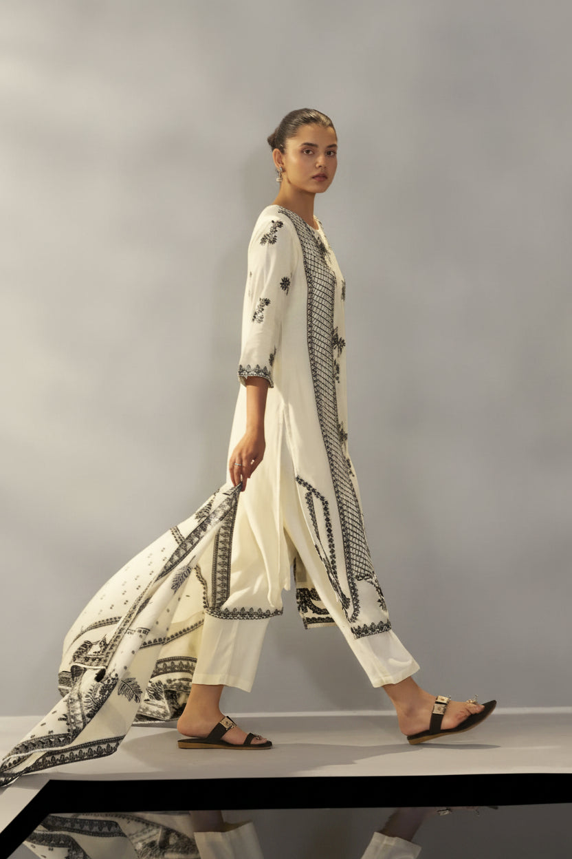 Neutral Cream Muslin Black Jacquard Kurta Set