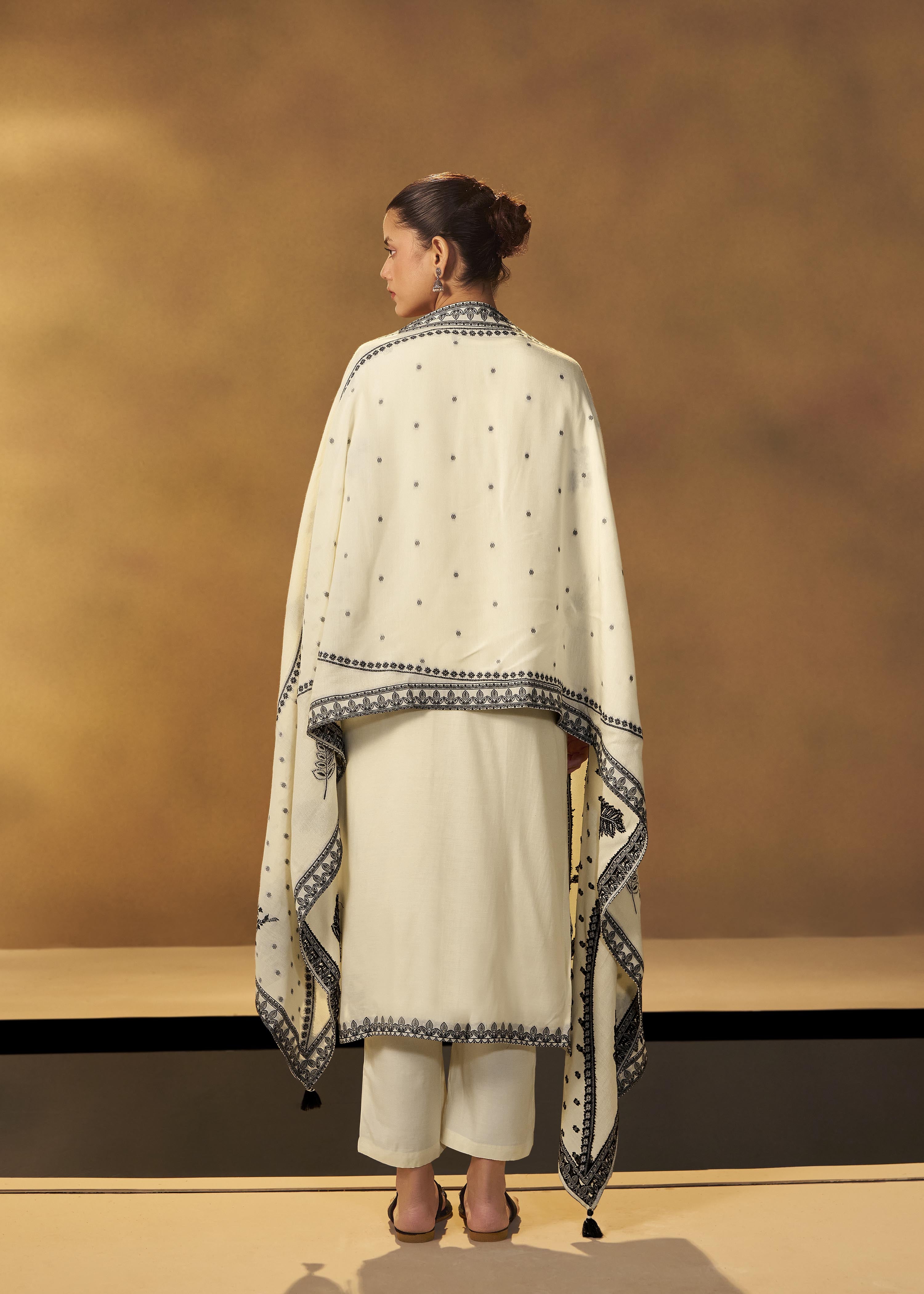 Neutral Cream Muslin Black Jacquard Kurta Set