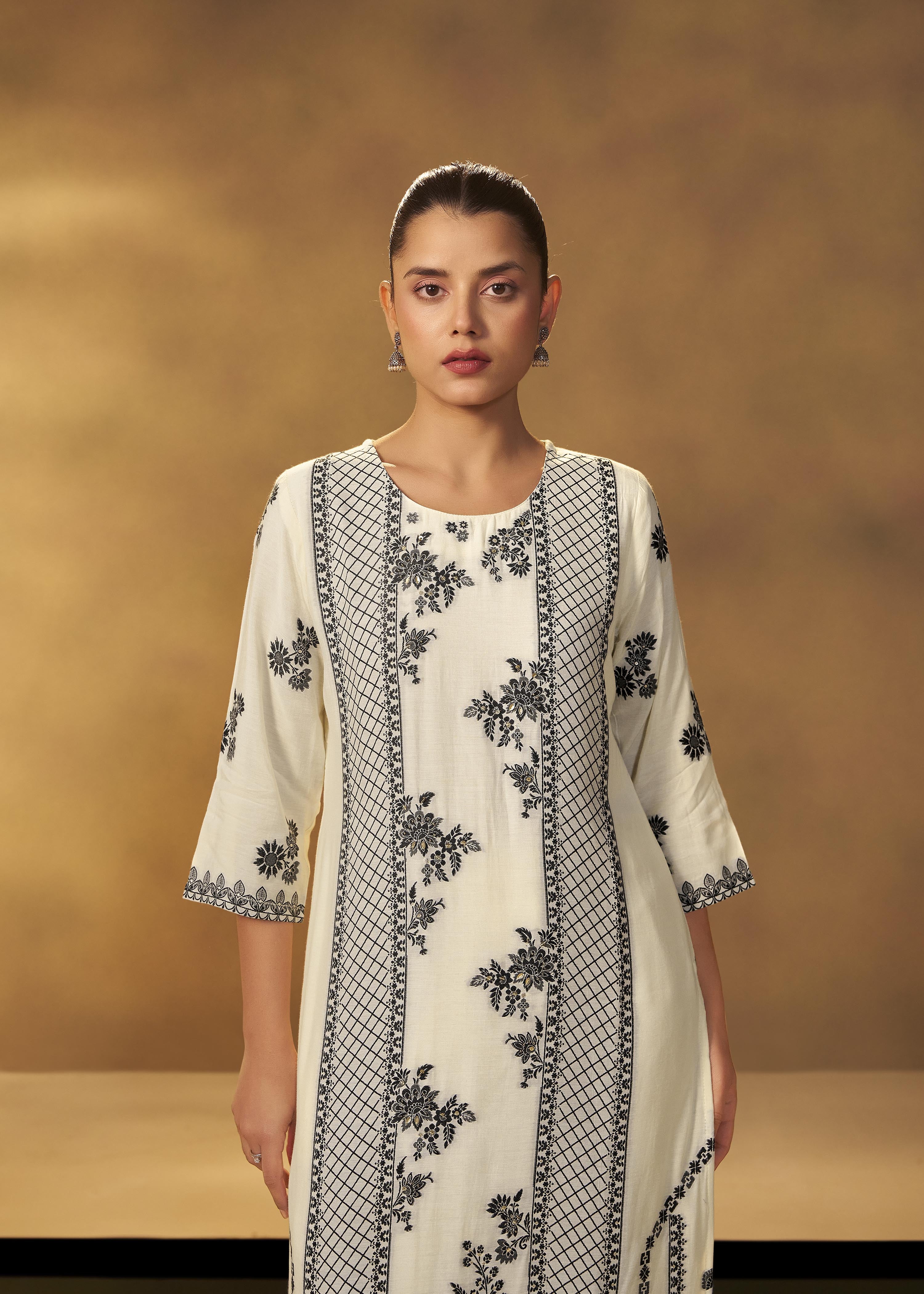 Neutral Cream Muslin Black Jacquard Kurta Set