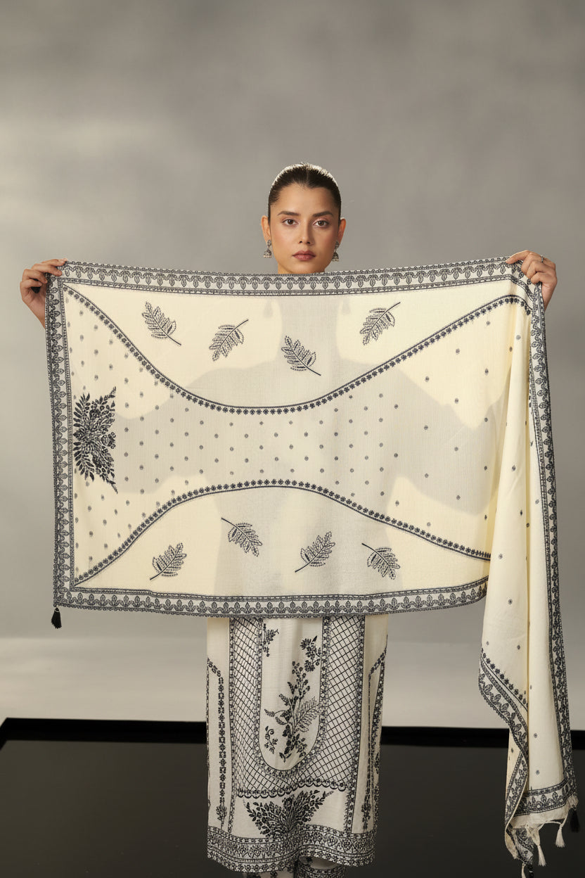 Neutral Cream Muslin Black Jacquard Kurta Set