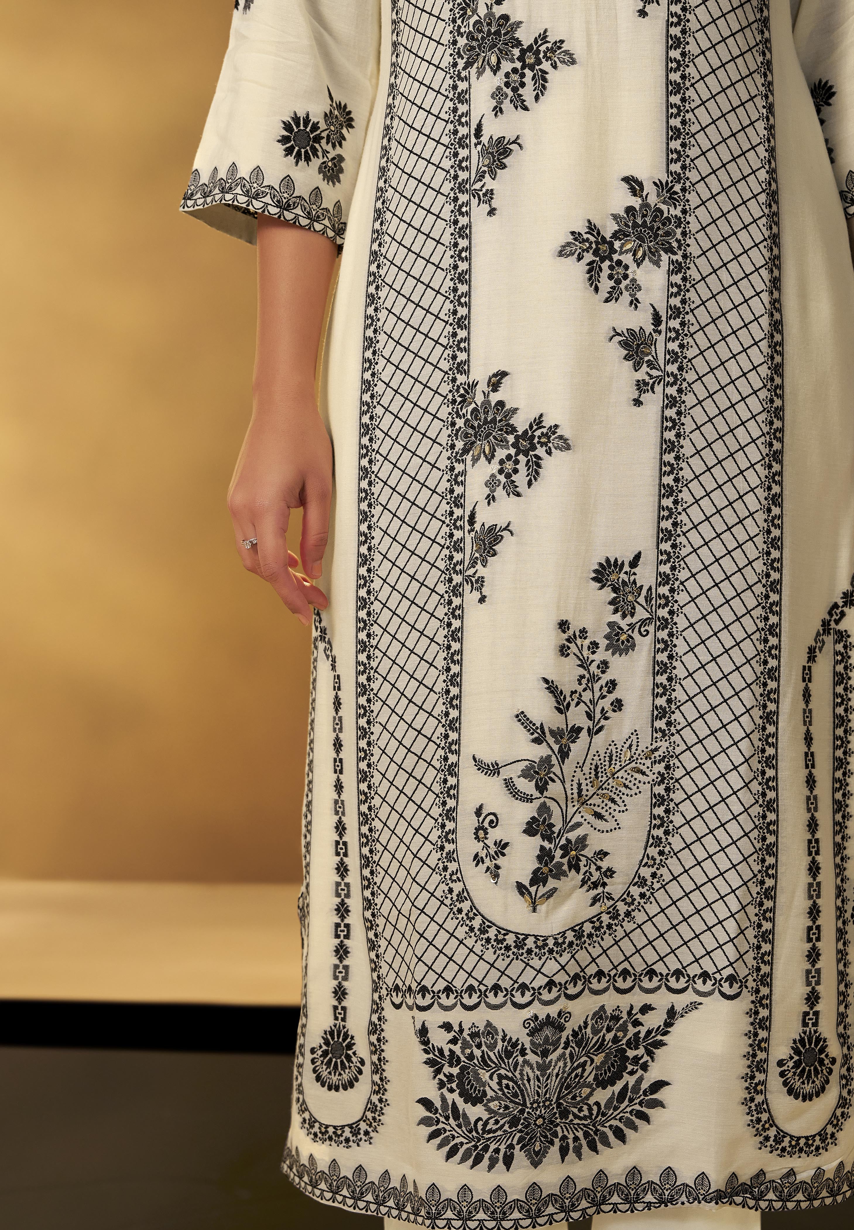 Neutral Cream Muslin Black Jacquard Kurta Set