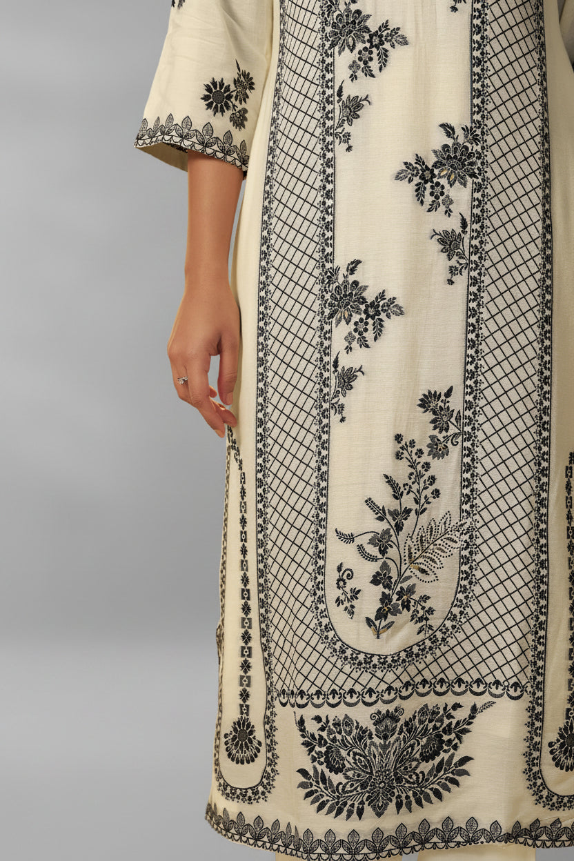 Neutral Cream Muslin Black Jacquard Kurta Set