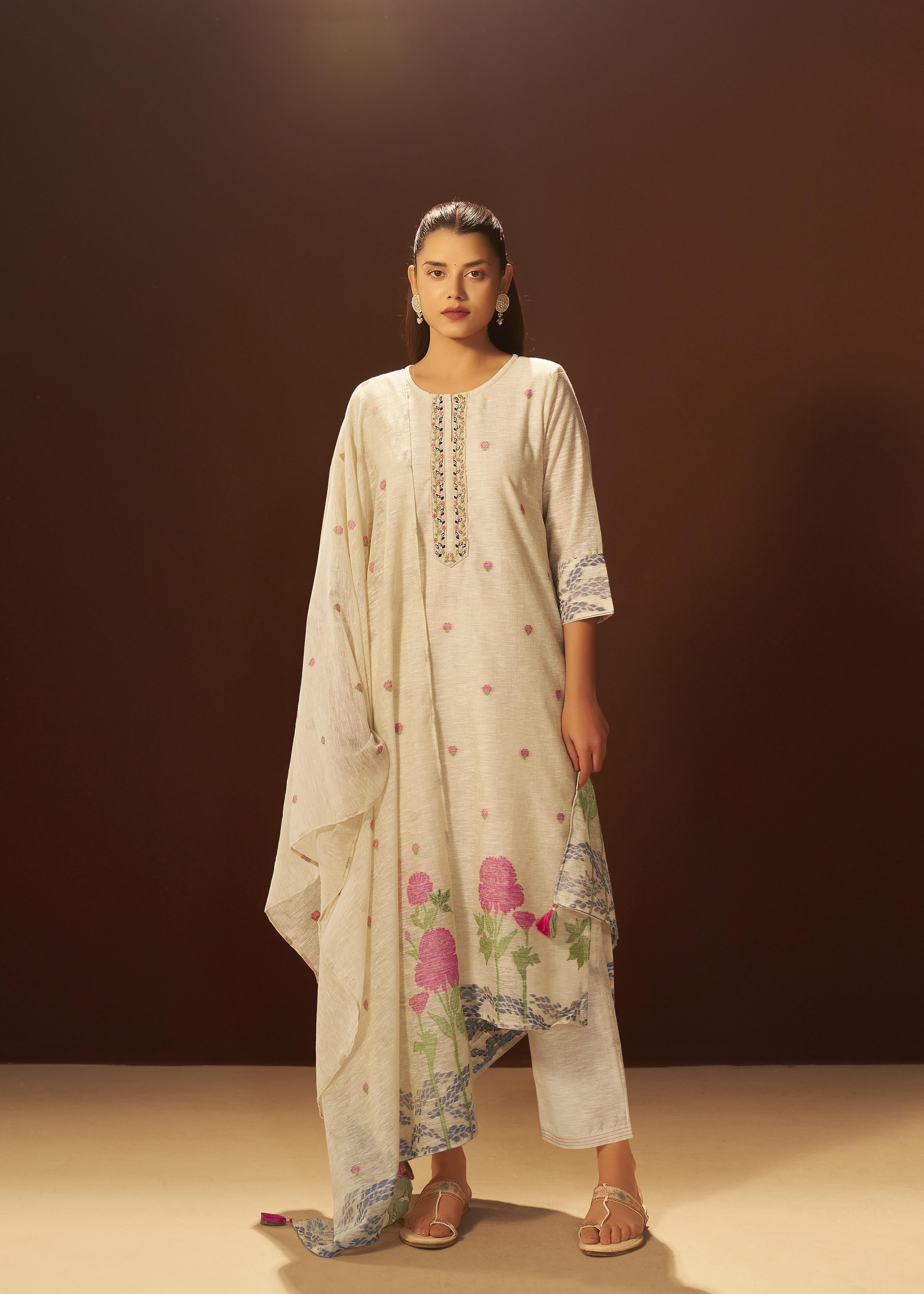 Beige Linen Chanderi Jacquard Kurta Set