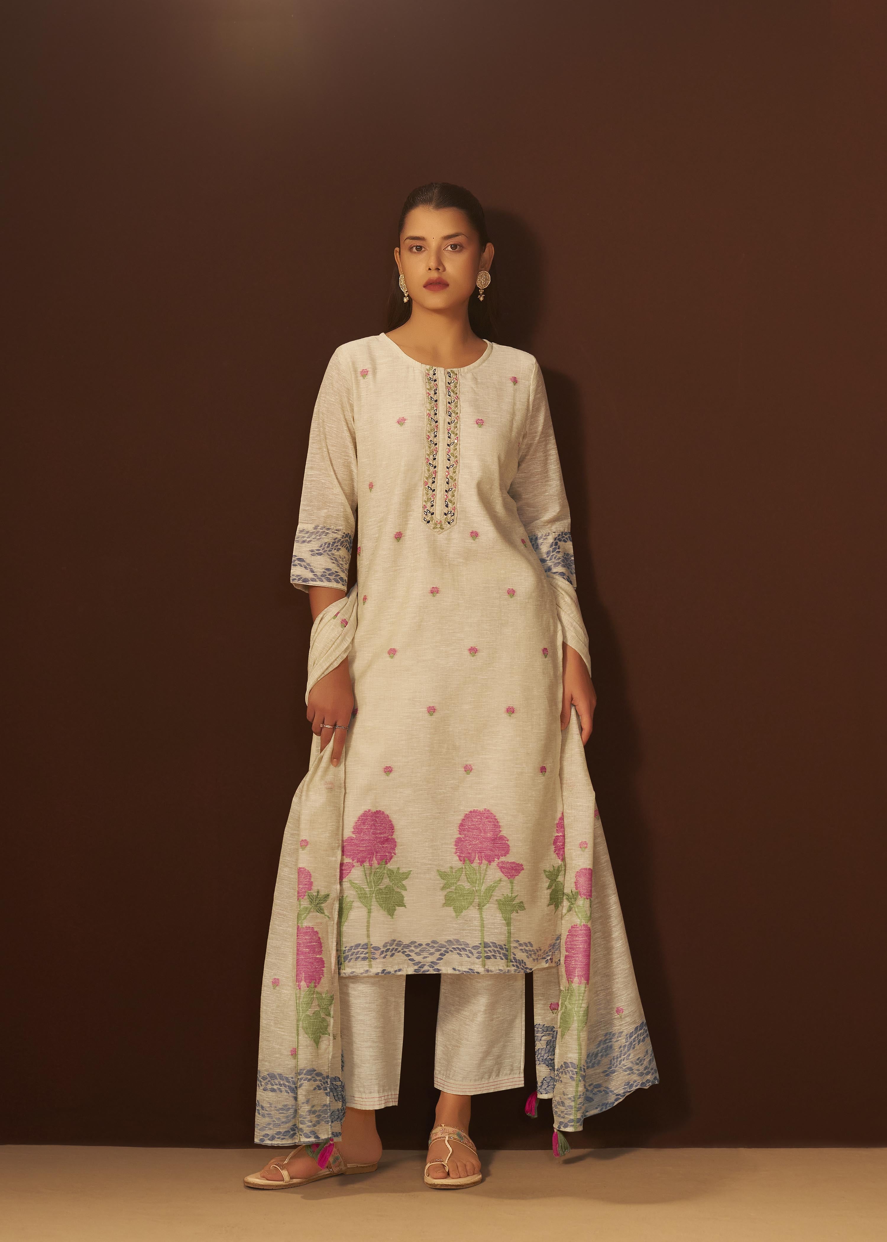 Beige Linen Chanderi Jacquard Kurta Set