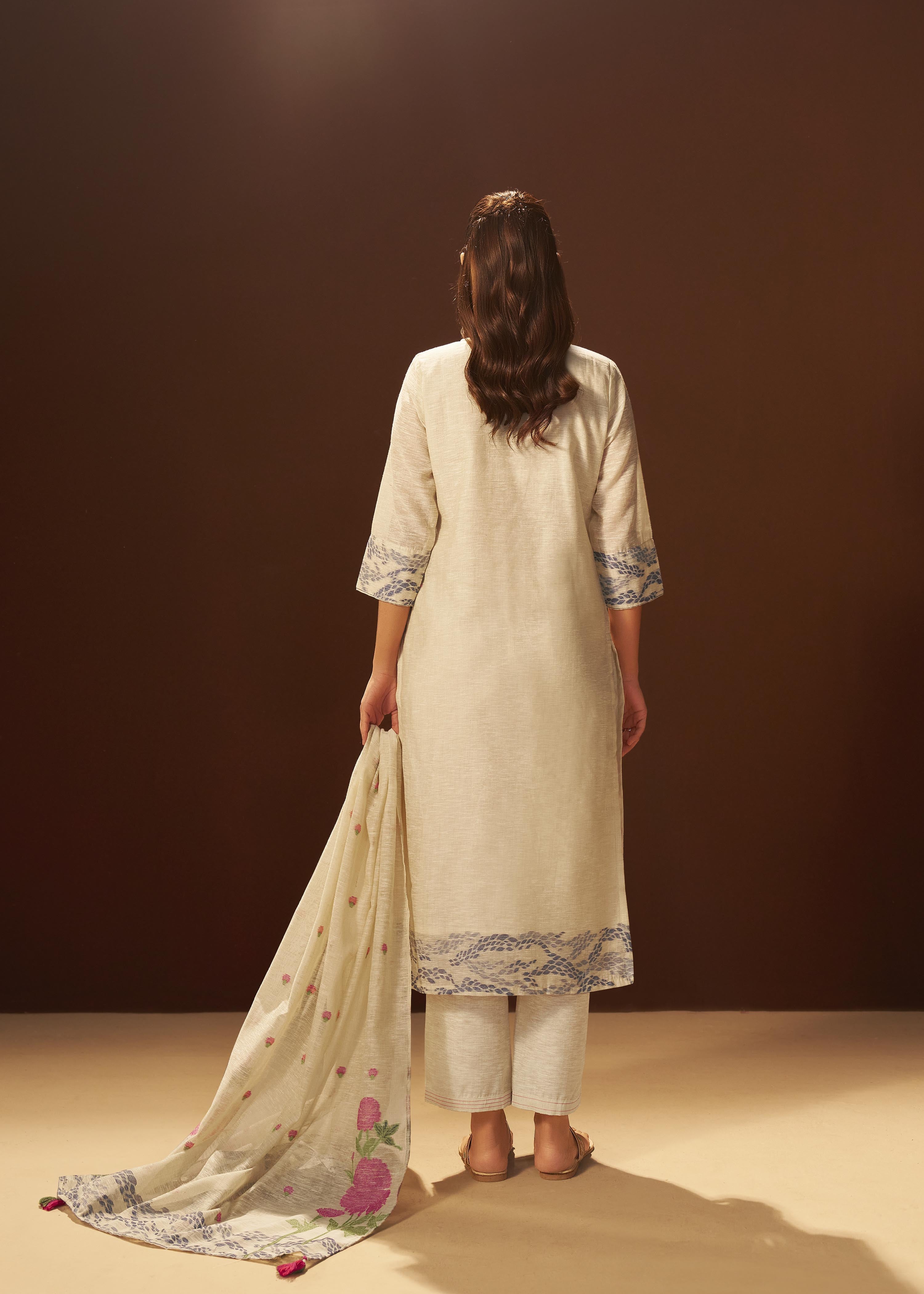 Beige Linen Chanderi Jacquard Kurta Set