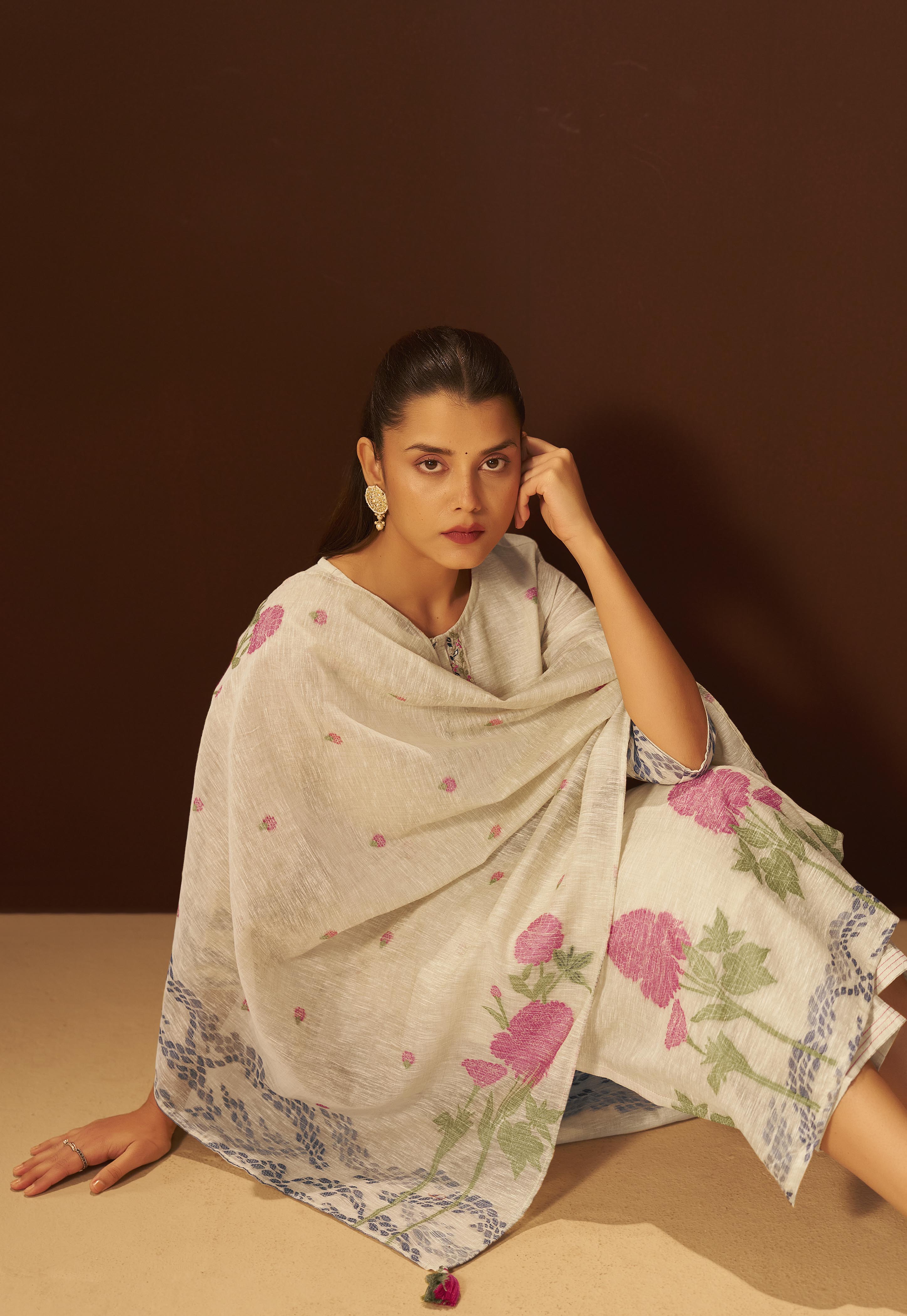 Beige Linen Chanderi Jacquard Kurta Set