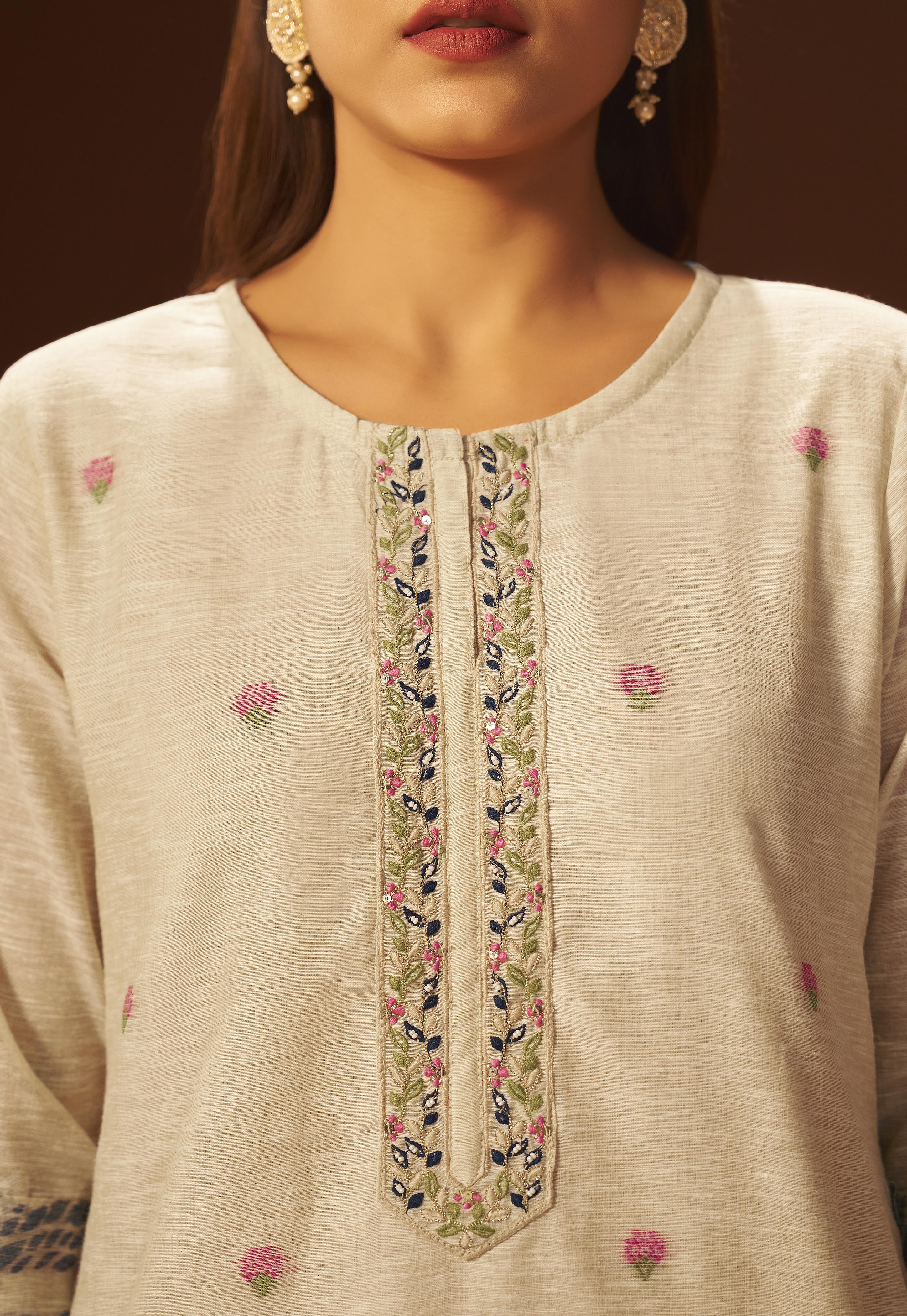 Beige Linen Chanderi Jacquard Kurta Set