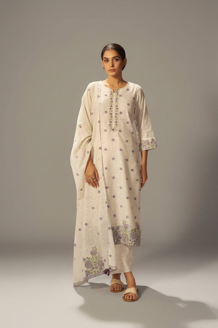 Warm Beige Linen Chanderi Jacquard Kurta Set