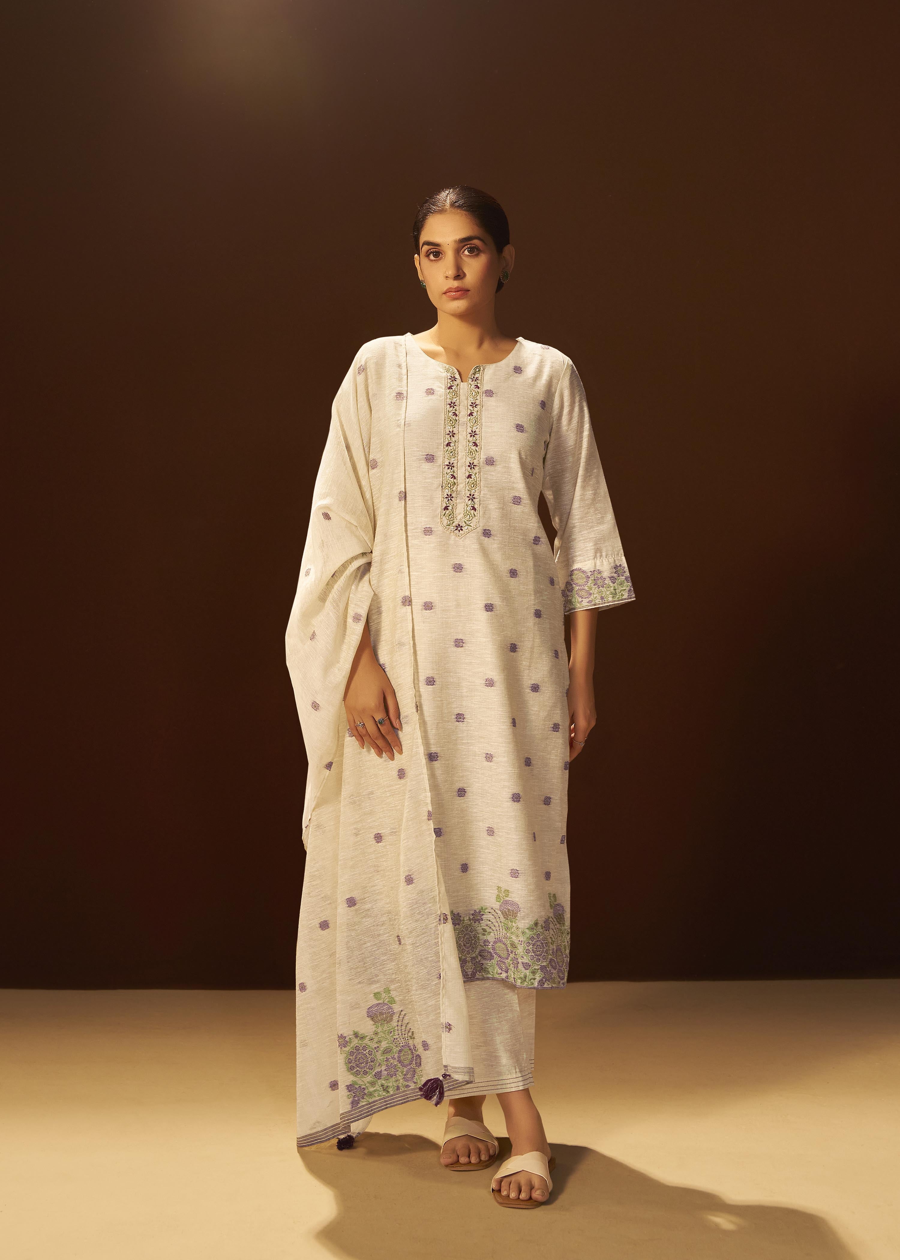 Warm Beige Linen Chanderi Jacquard Kurta Set