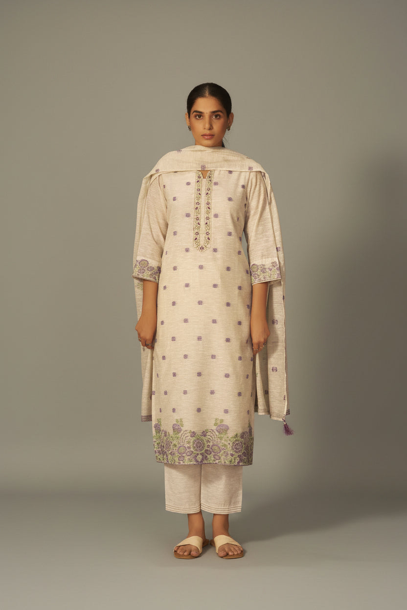 Warm Beige Linen Chanderi Jacquard Kurta Set