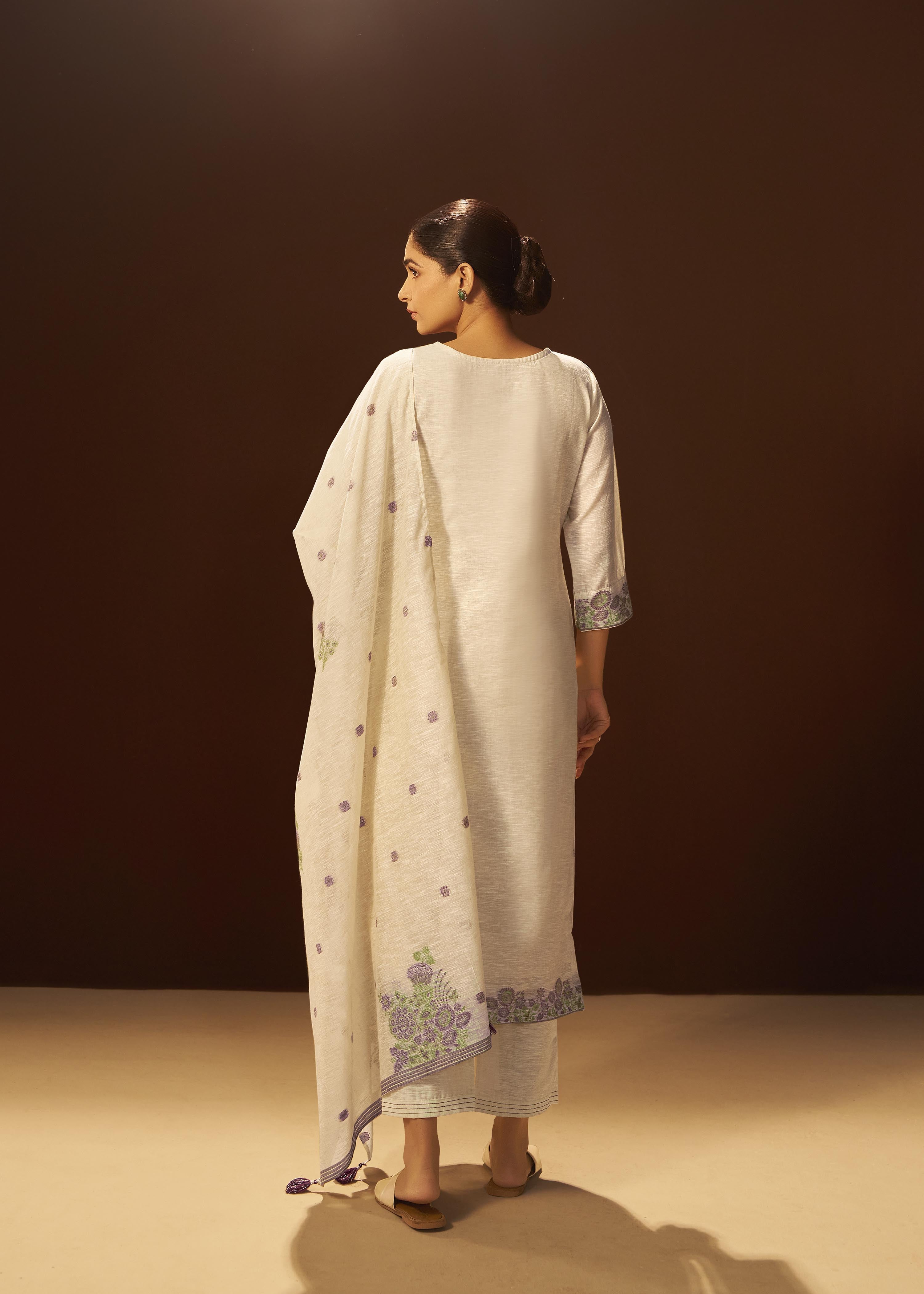 Warm Beige Linen Chanderi Jacquard Kurta Set