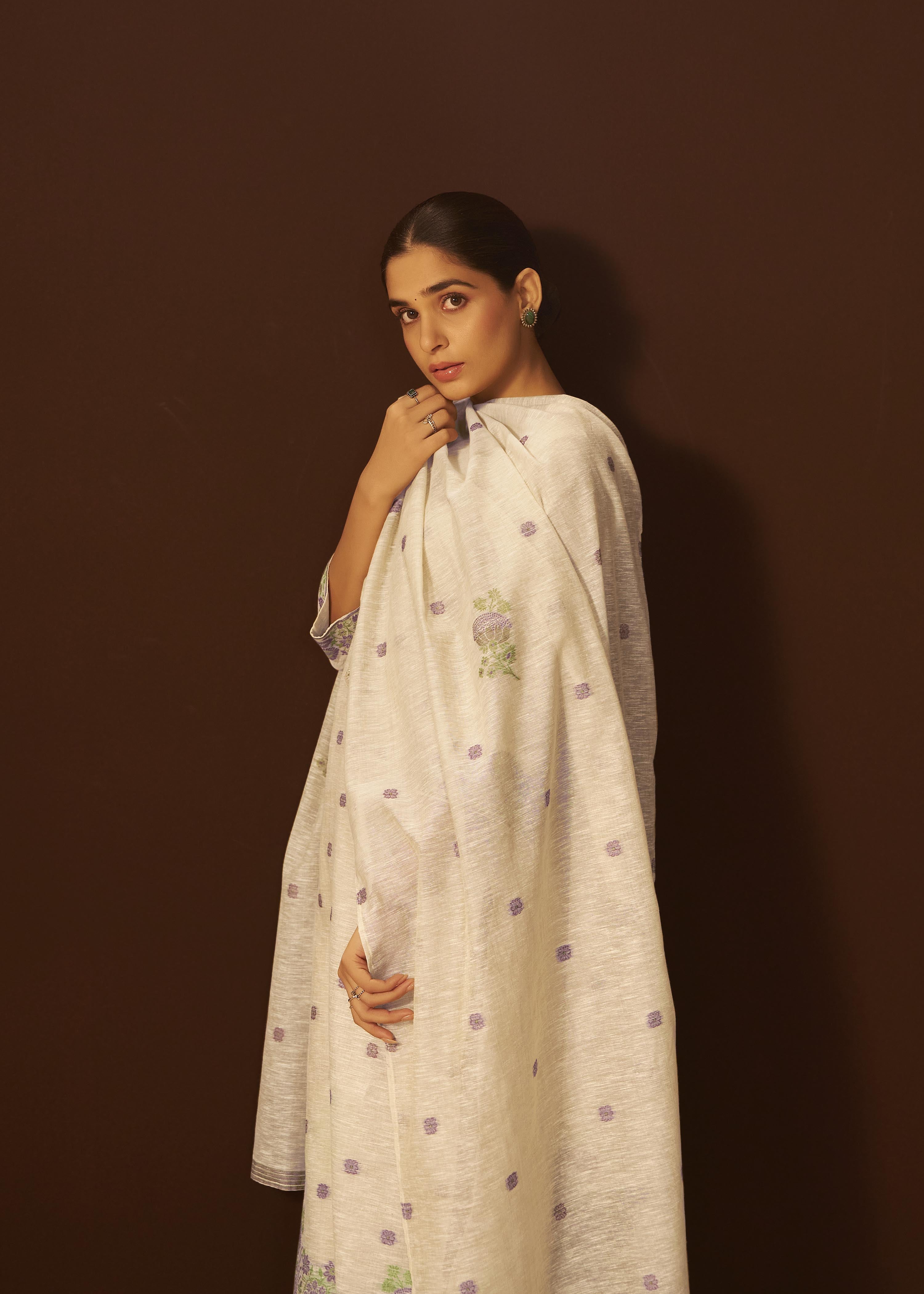 Warm Beige Linen Chanderi Jacquard Kurta Set