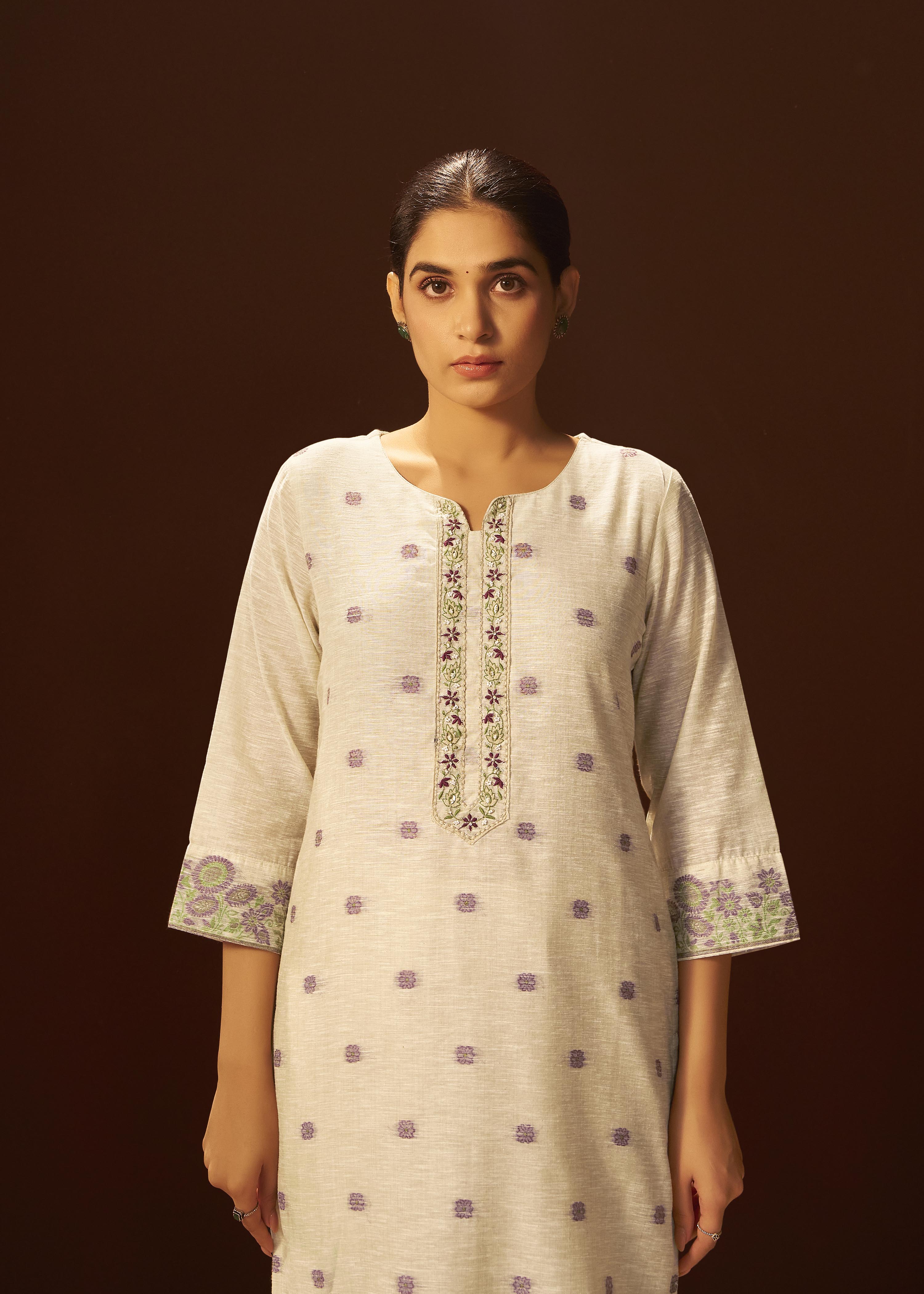 Warm Beige Linen Chanderi Jacquard Kurta Set