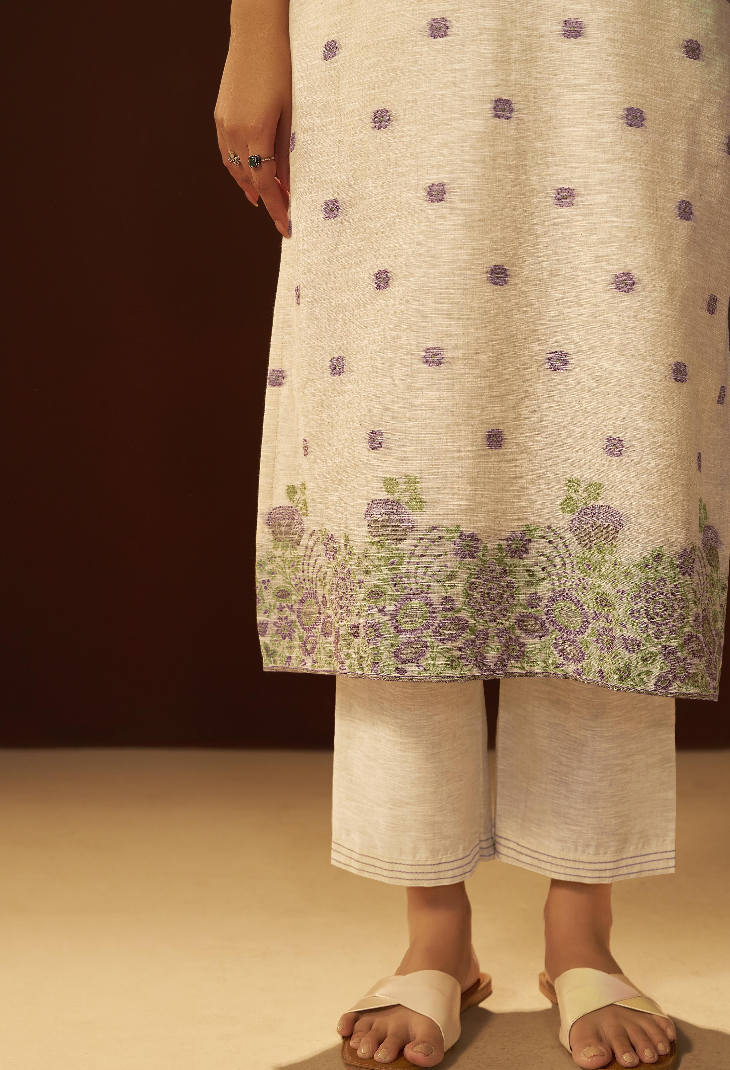 Warm Beige Linen Chanderi Jacquard Kurta Set