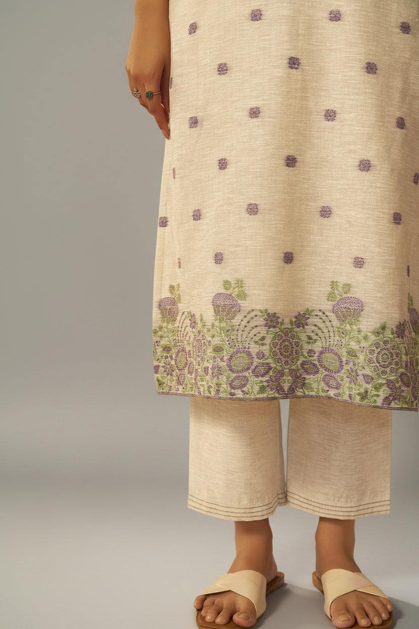 Warm Beige Linen Chanderi Jacquard Kurta Set