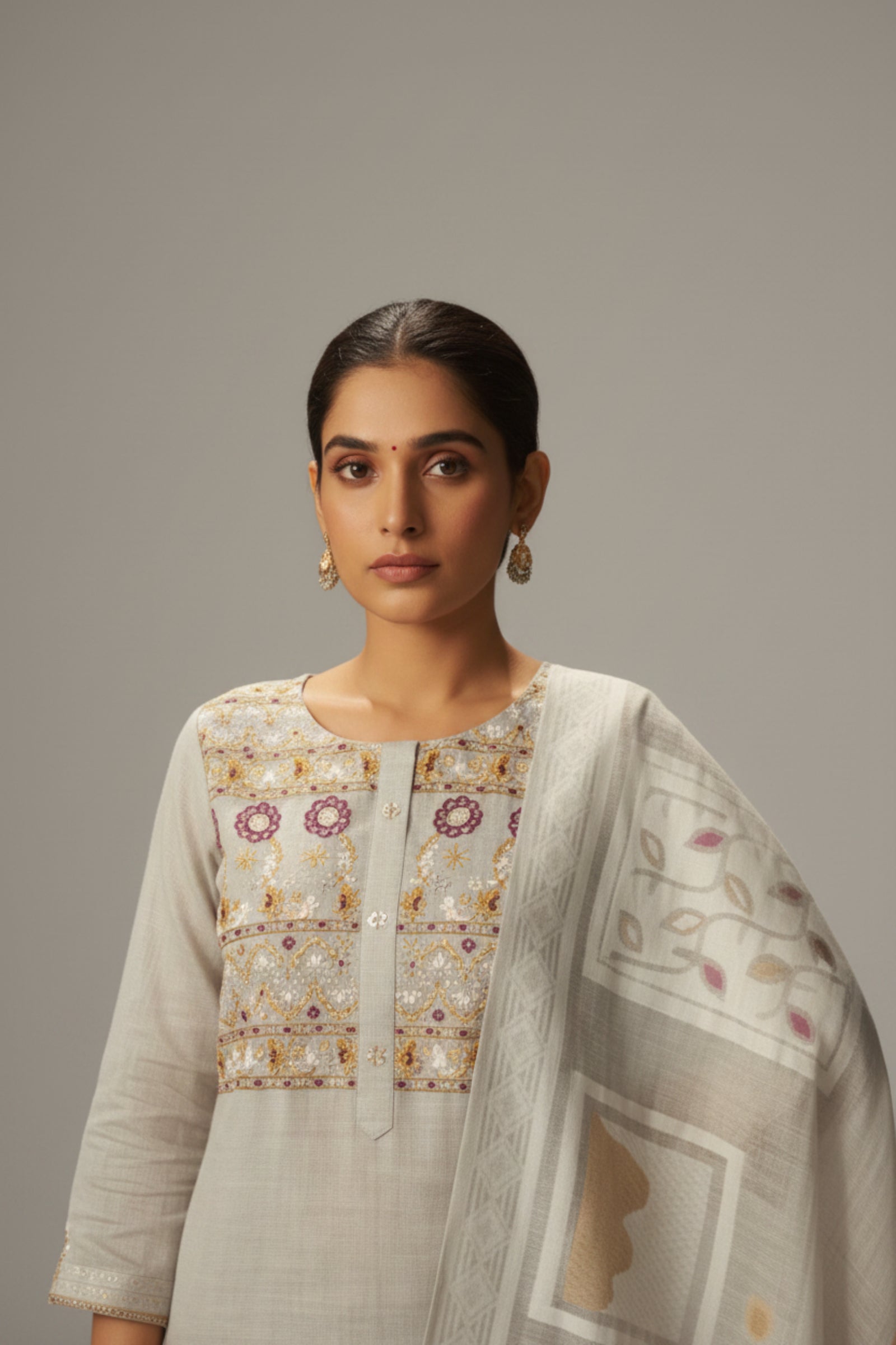 Dove Beige Chanderi Embroidery Kurta Set