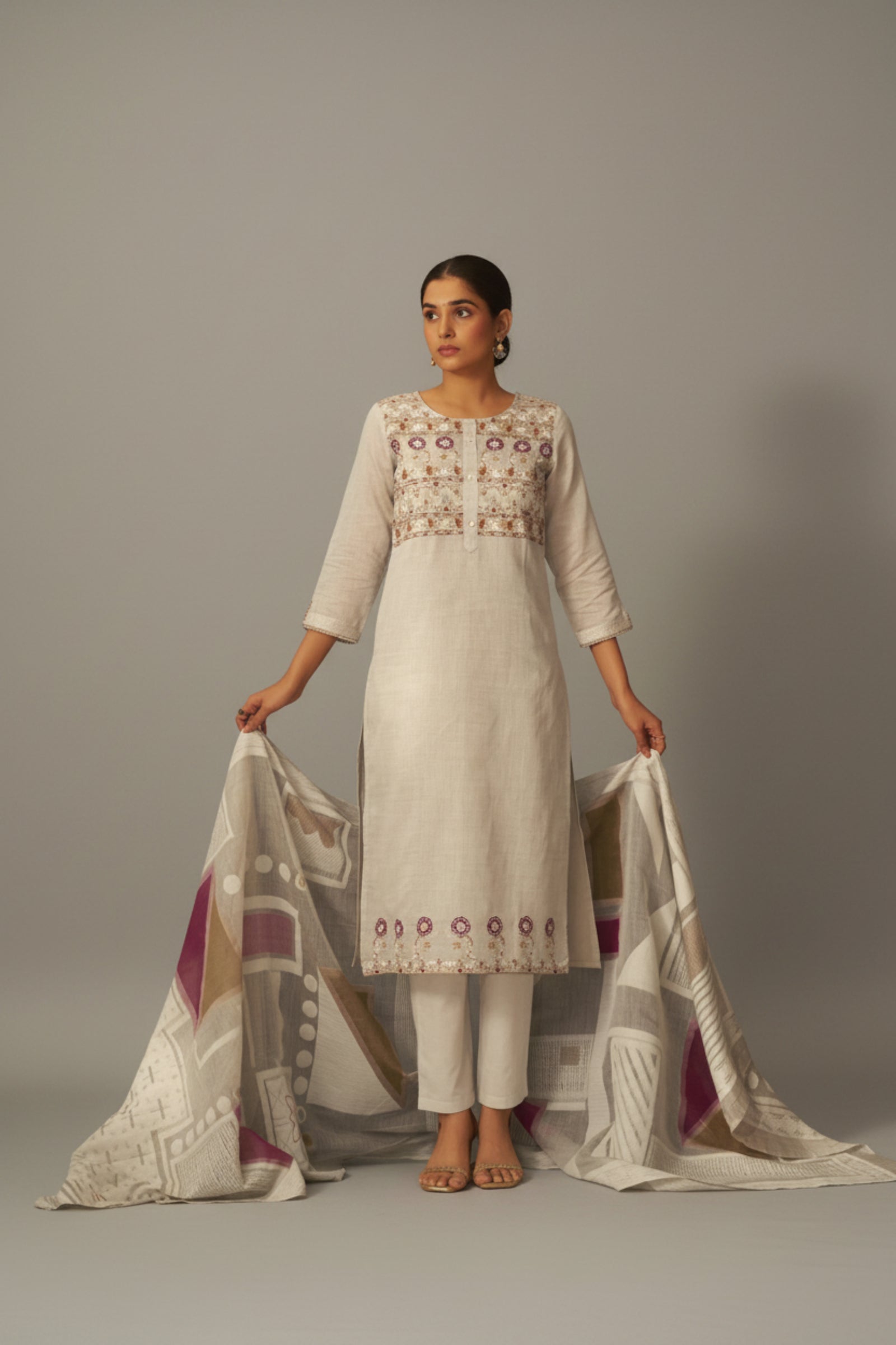 Dove Beige Chanderi Embroidery Kurta Set