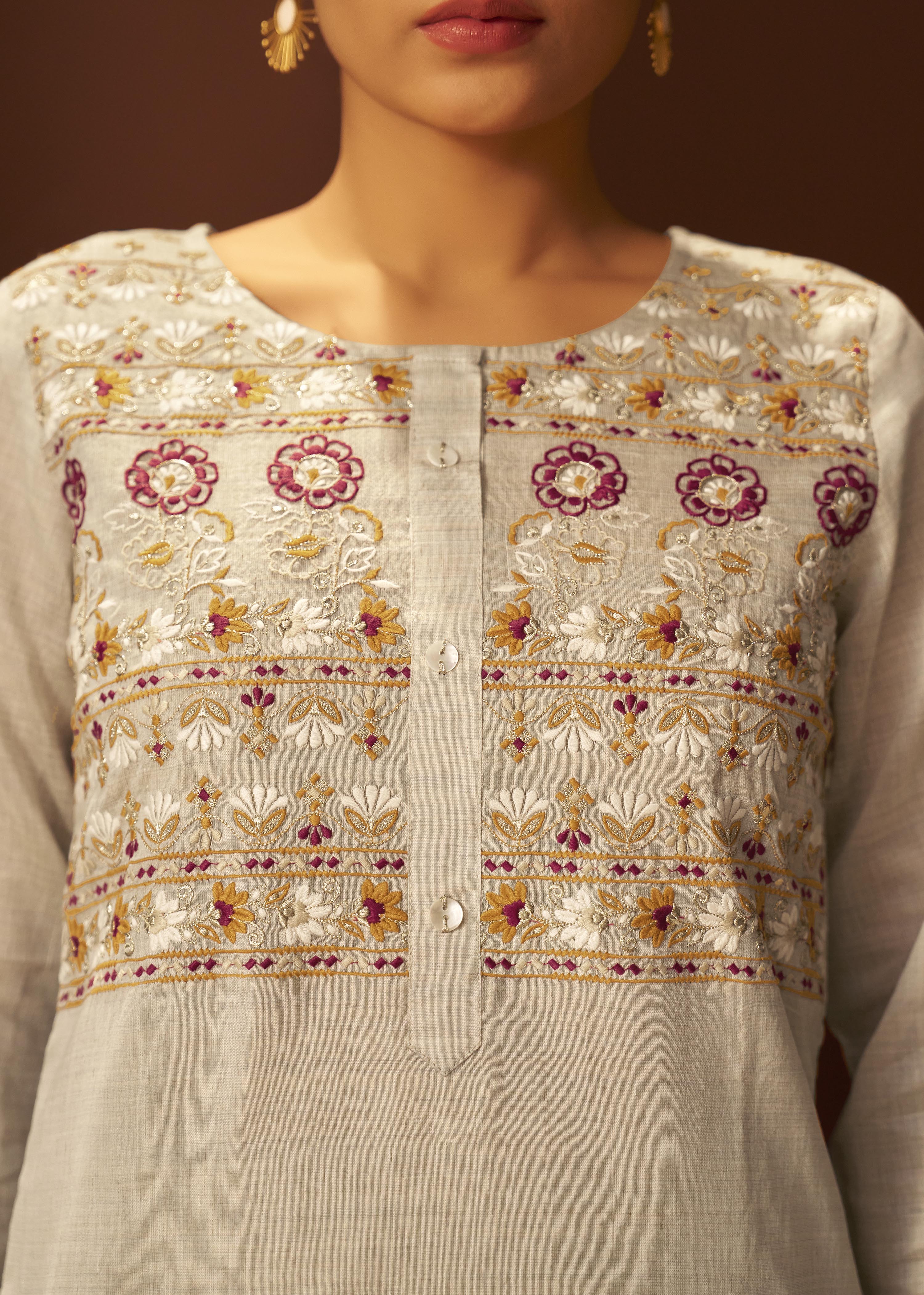Dove Beige Chanderi Embroidery Kurta Set