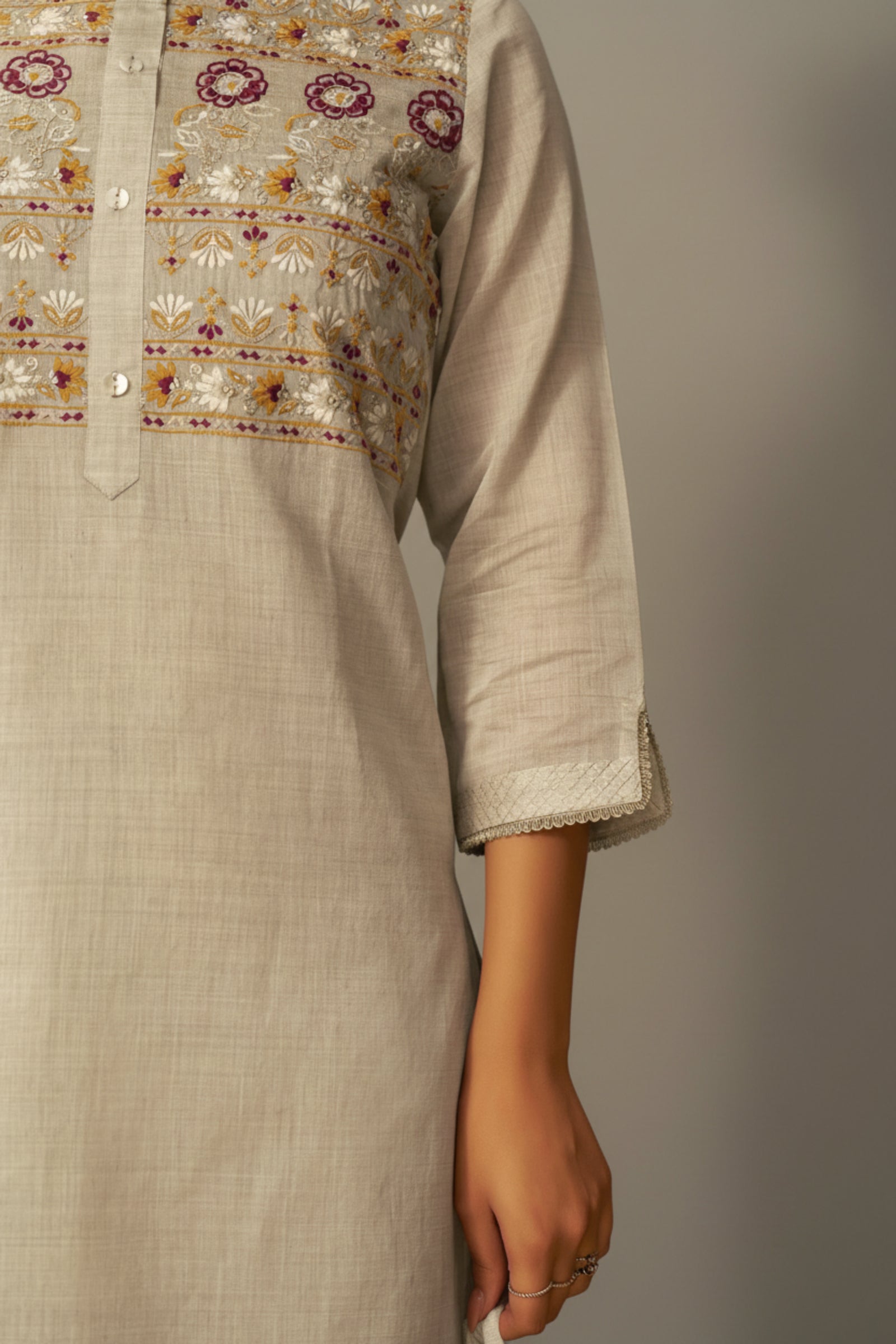 Dove Beige Chanderi Embroidery Kurta Set