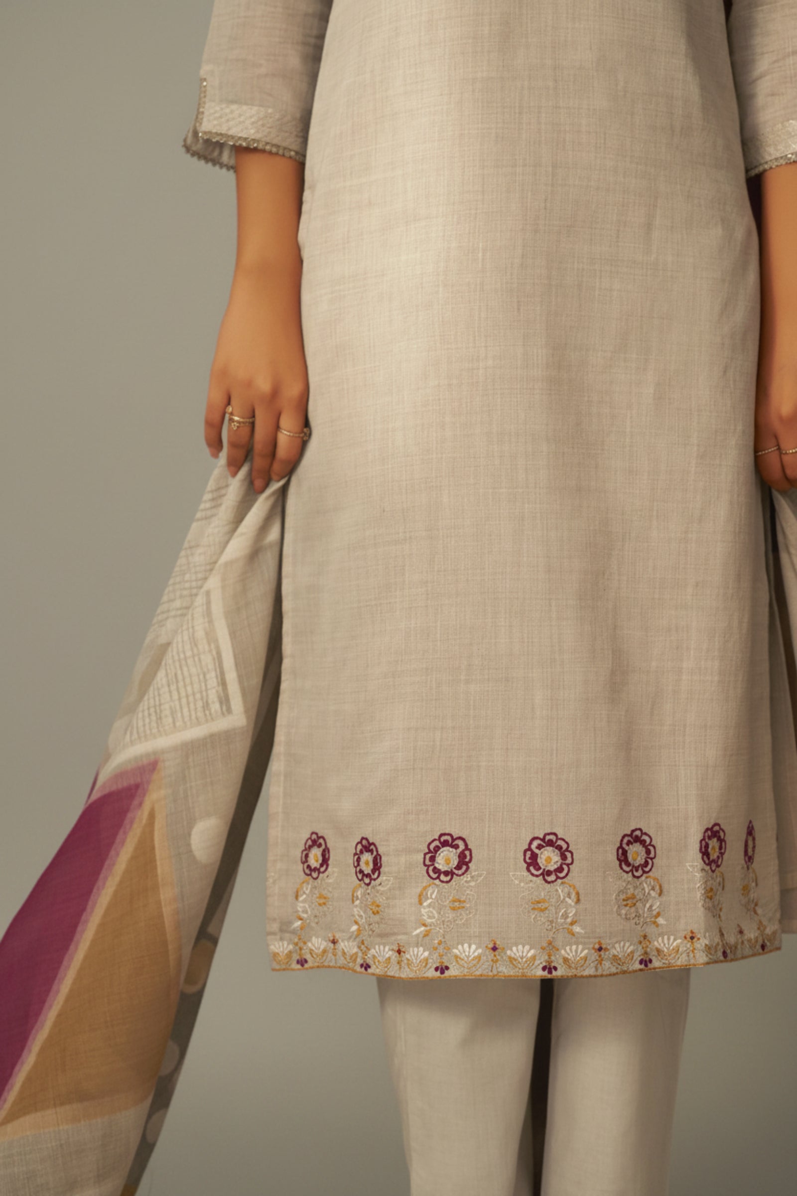 Dove Beige Chanderi Embroidery Kurta Set