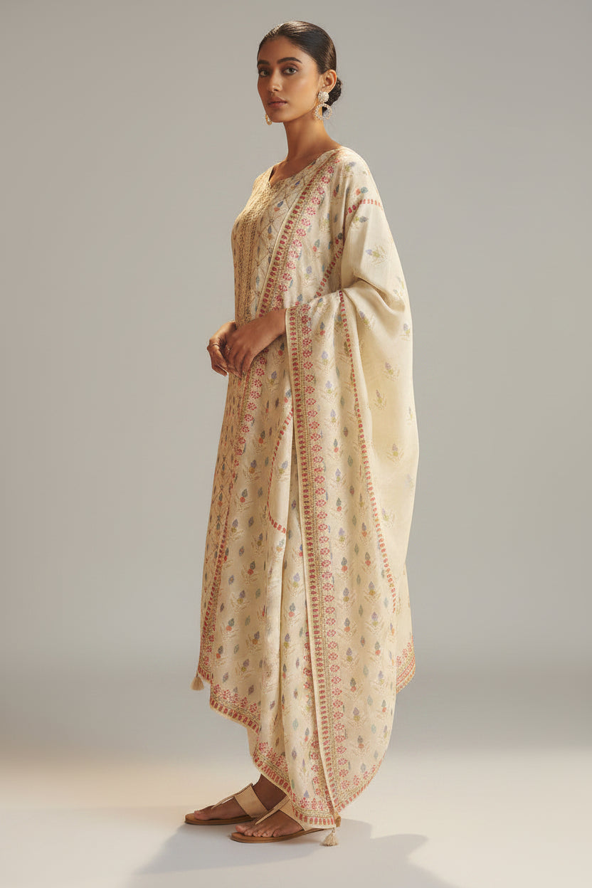 Pearl Cream Position Print Viscose Jacquard Kurta Set