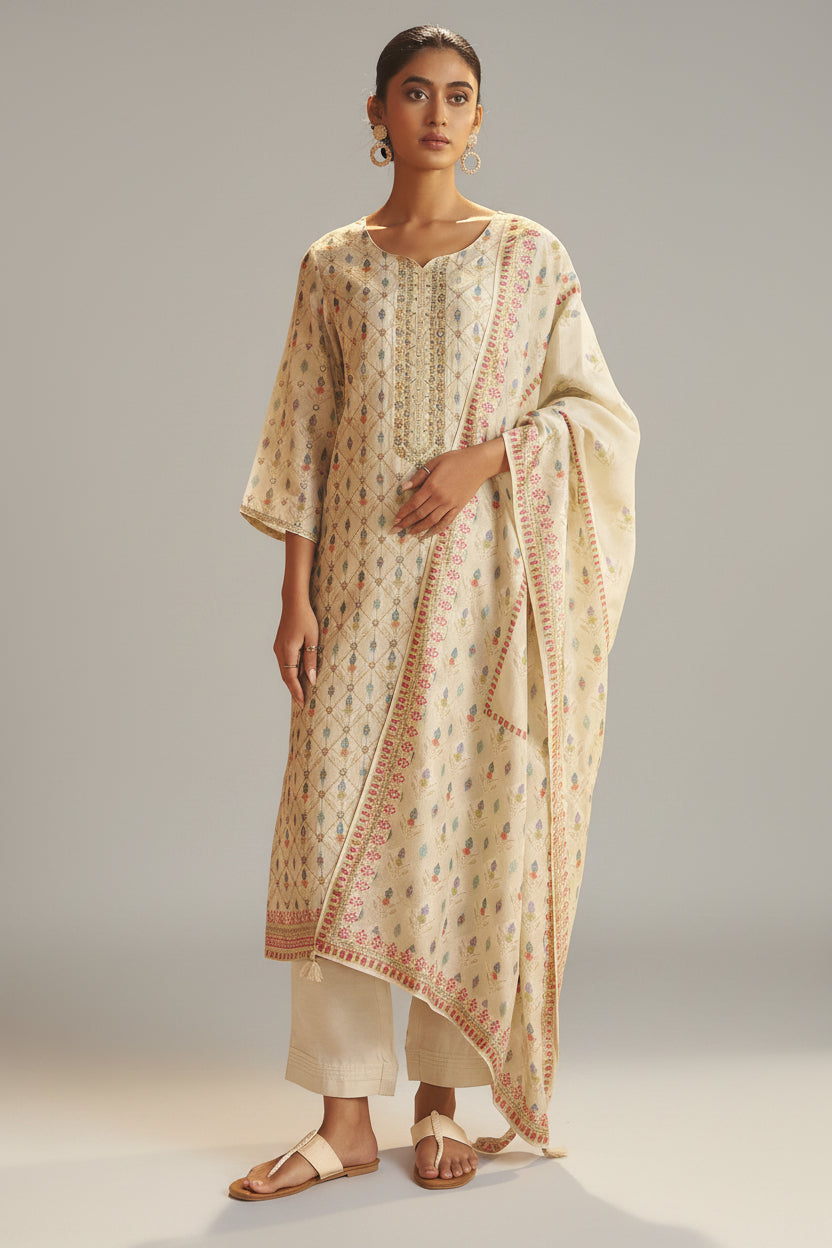 Pearl Cream Position Print Viscose Jacquard Kurta Set
