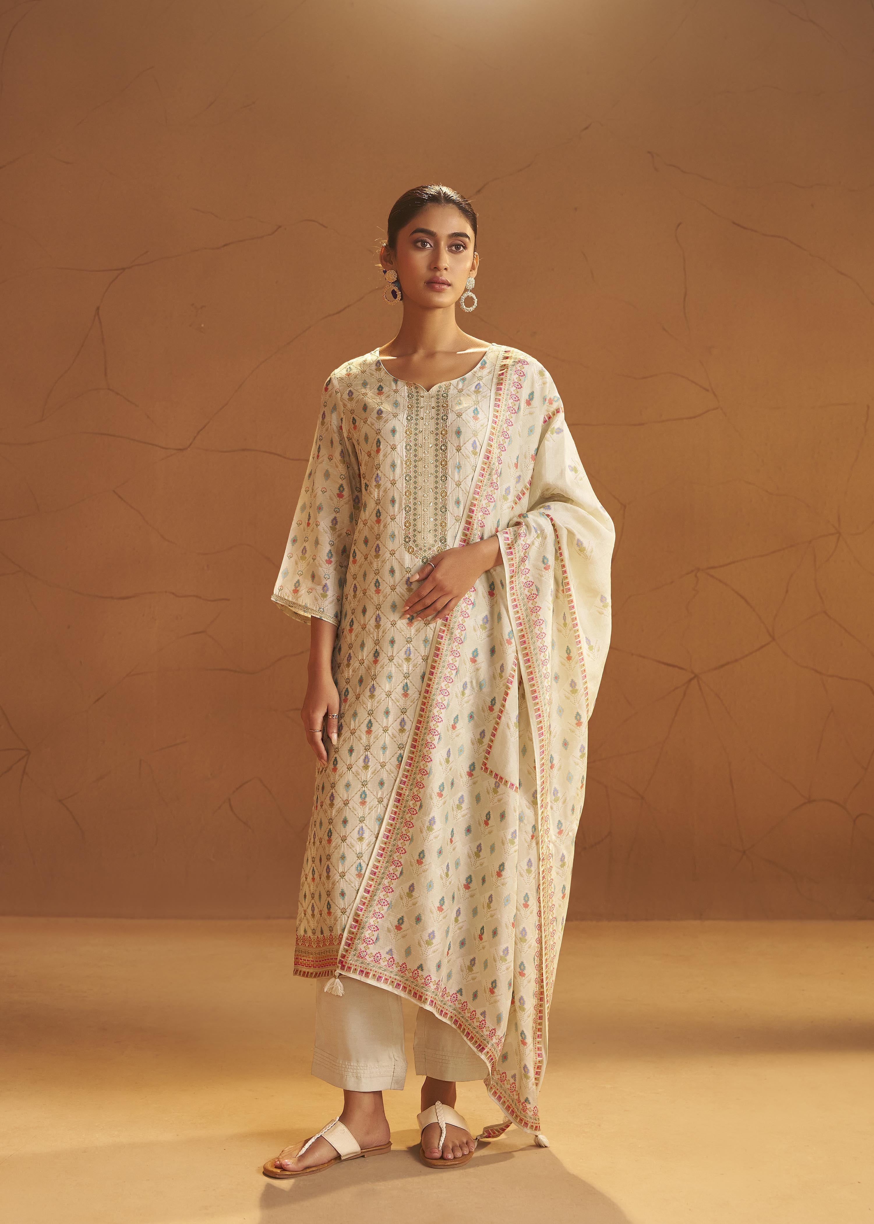 Pearl Cream Position Print Viscose Jacquard Kurta Set