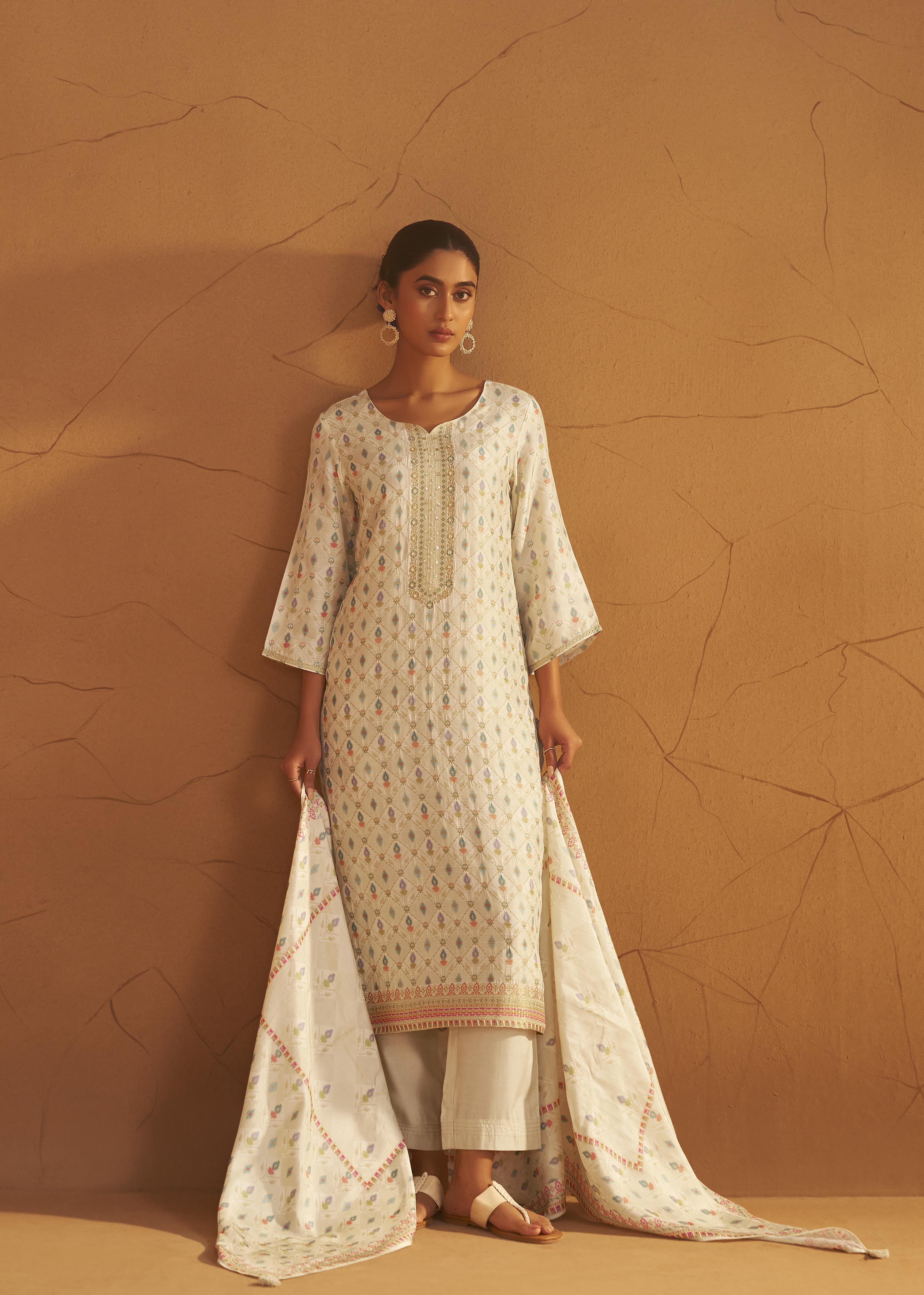 Pearl Cream Position Print Viscose Jacquard Kurta Set