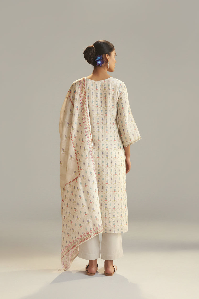 Pearl Cream Position Print Viscose Jacquard Kurta Set