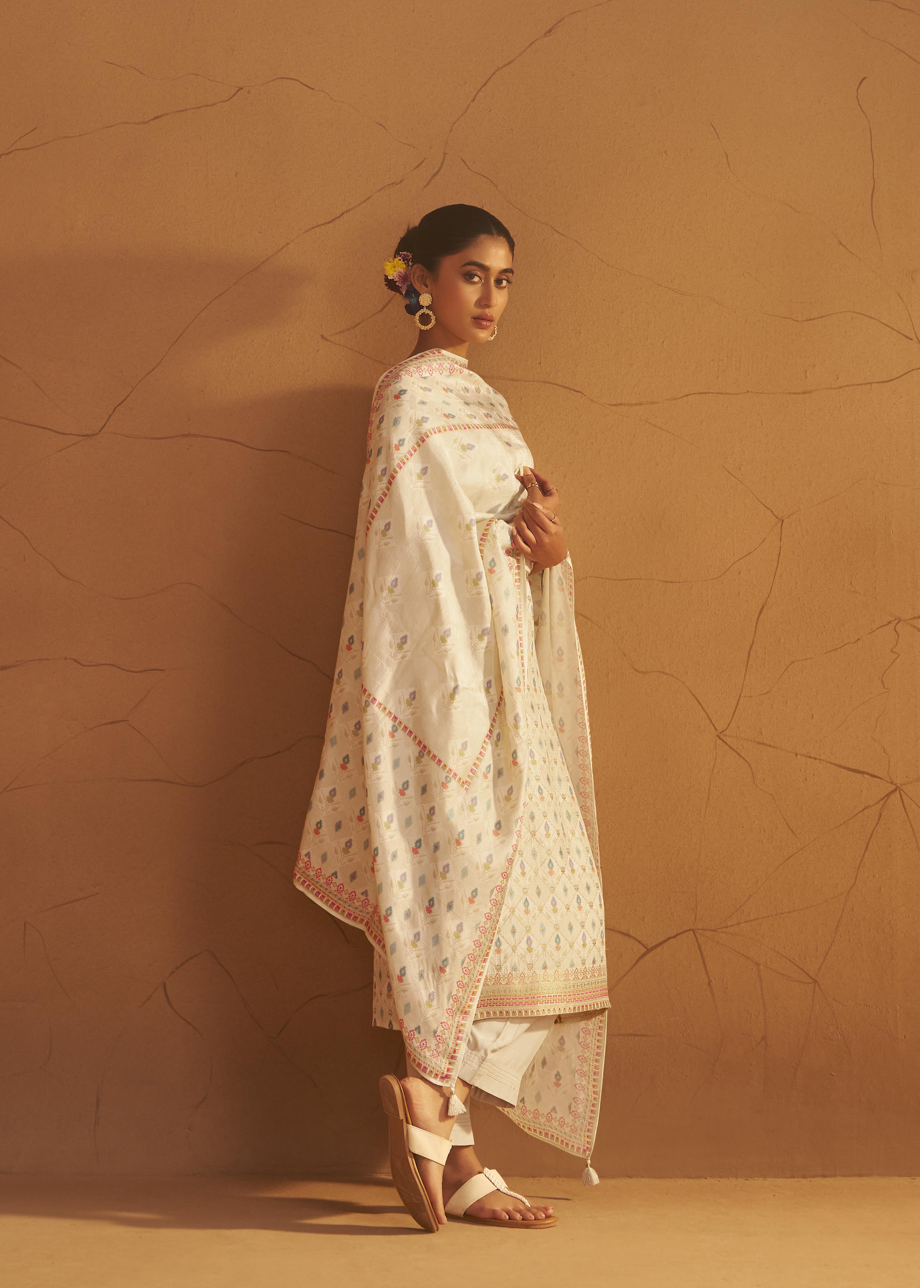 Pearl Cream Position Print Viscose Jacquard Kurta Set