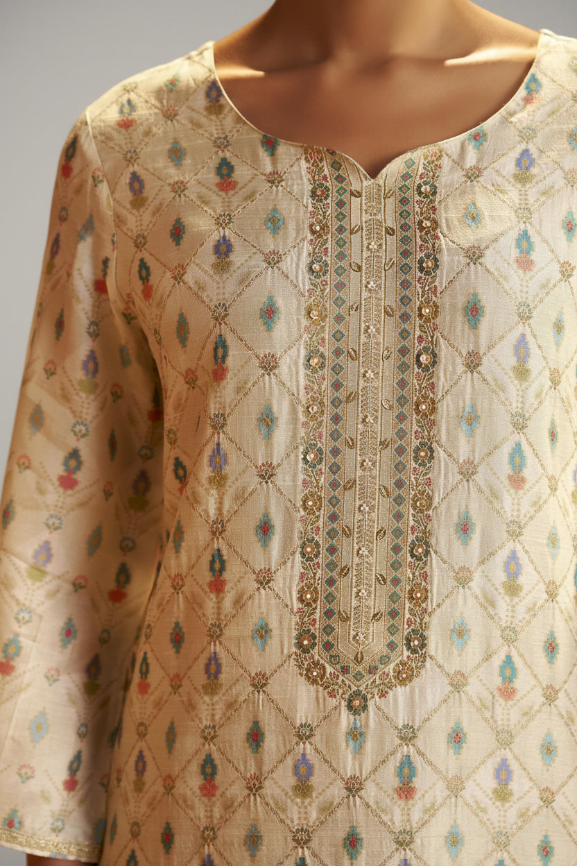 Pearl Cream Position Print Viscose Jacquard Kurta Set