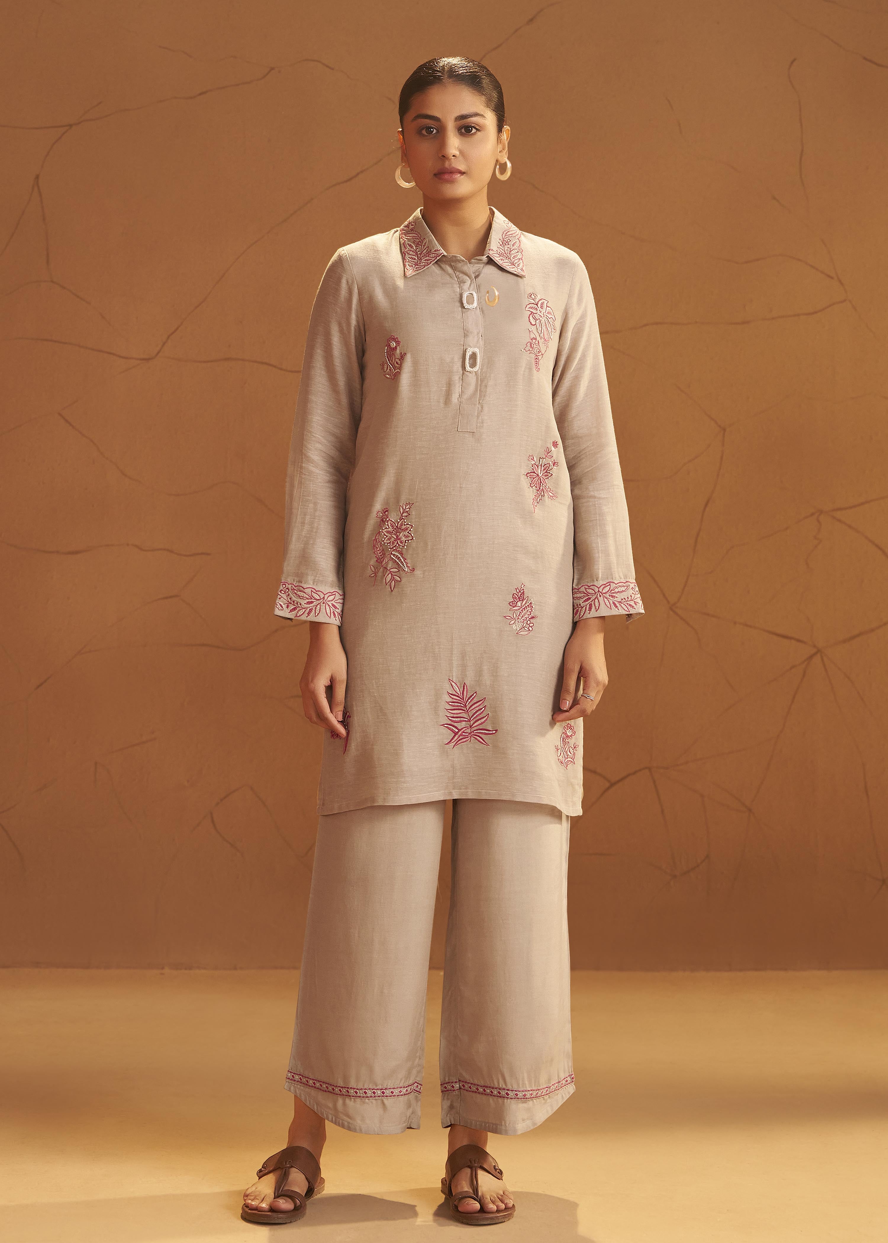 Hazelnut Biege Linen Embroidery Co-ord Set