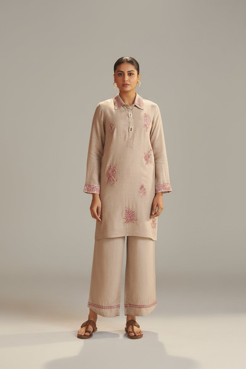 Hazelnut Biege Linen Embroidery Co-ord Set