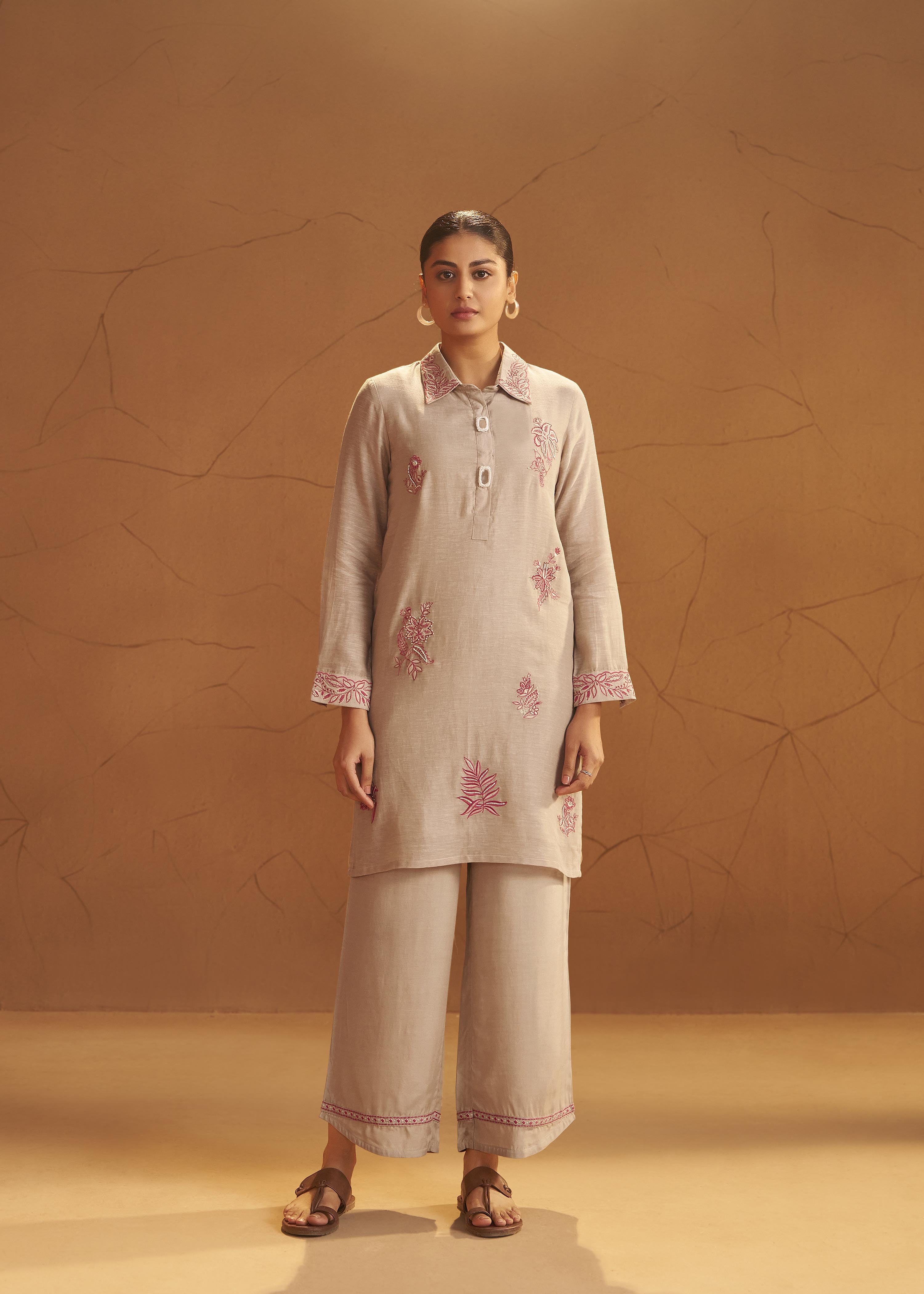 Hazelnut Biege Linen Embroidery Co-ord Set