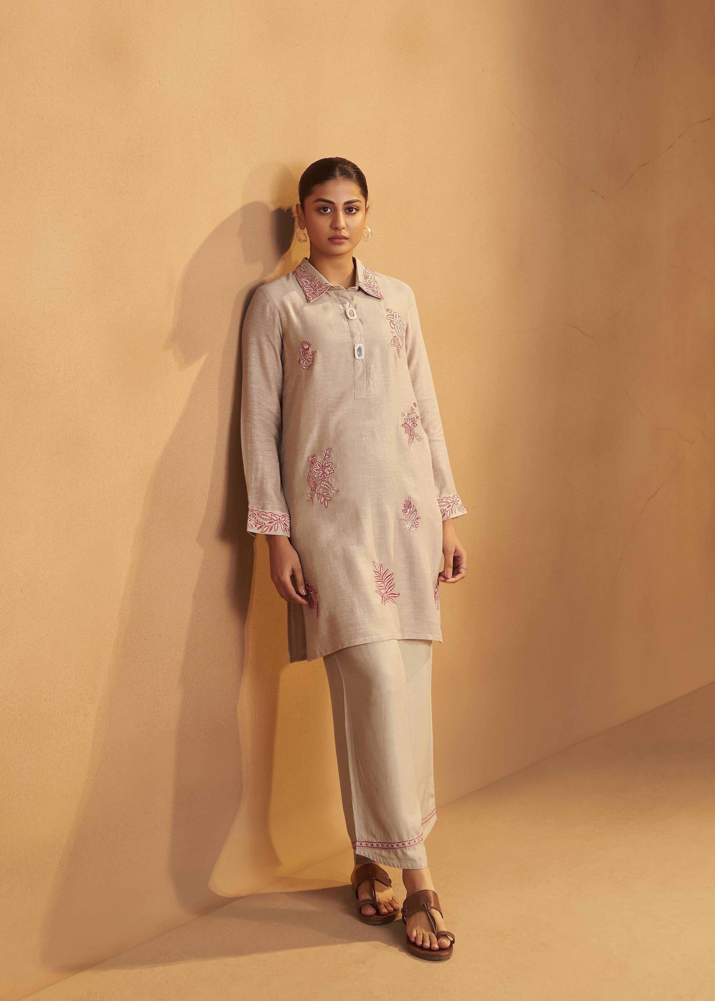 Hazelnut Biege Linen Embroidery Co-ord Set