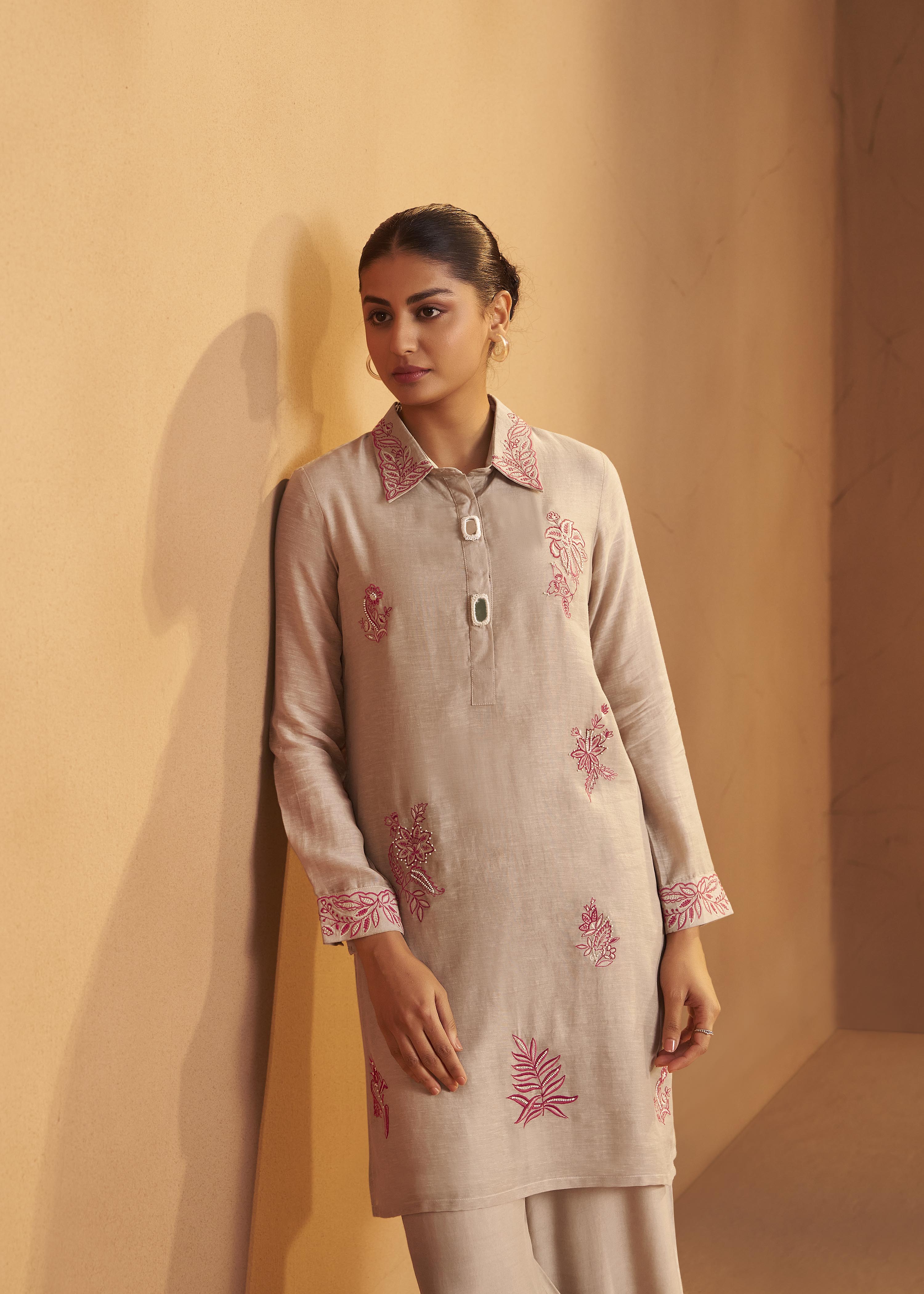 Hazelnut Biege Linen Embroidery Co-ord Set