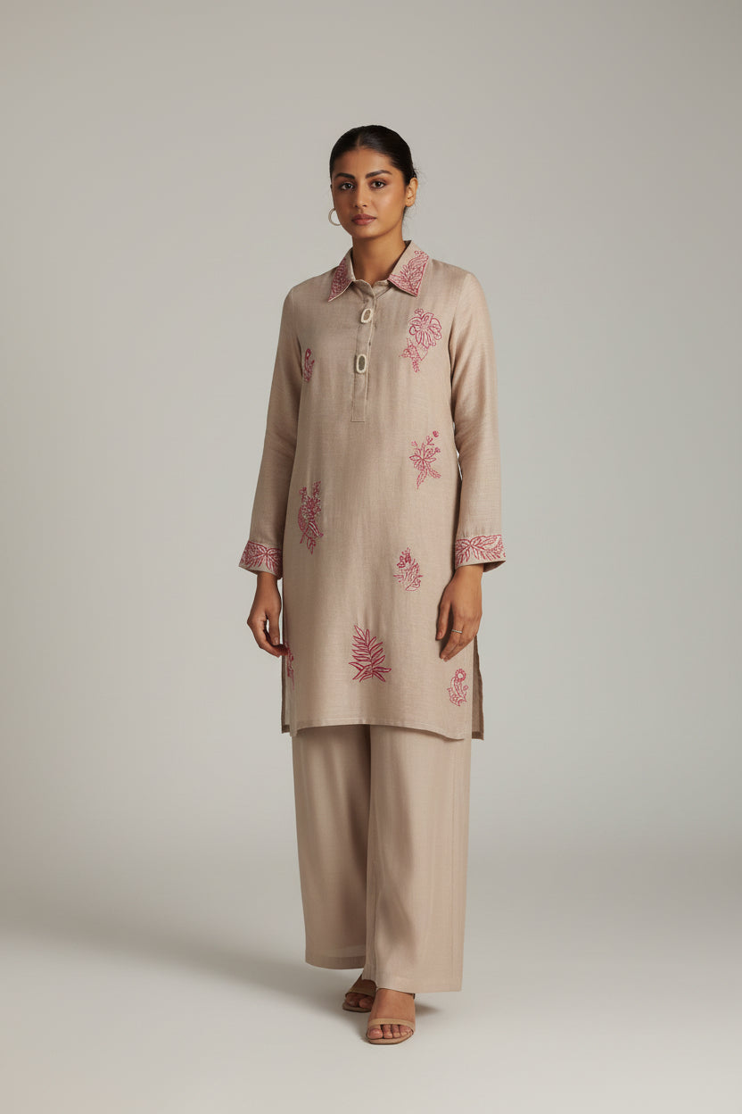 Hazelnut Biege Linen Embroidery Co-ord Set