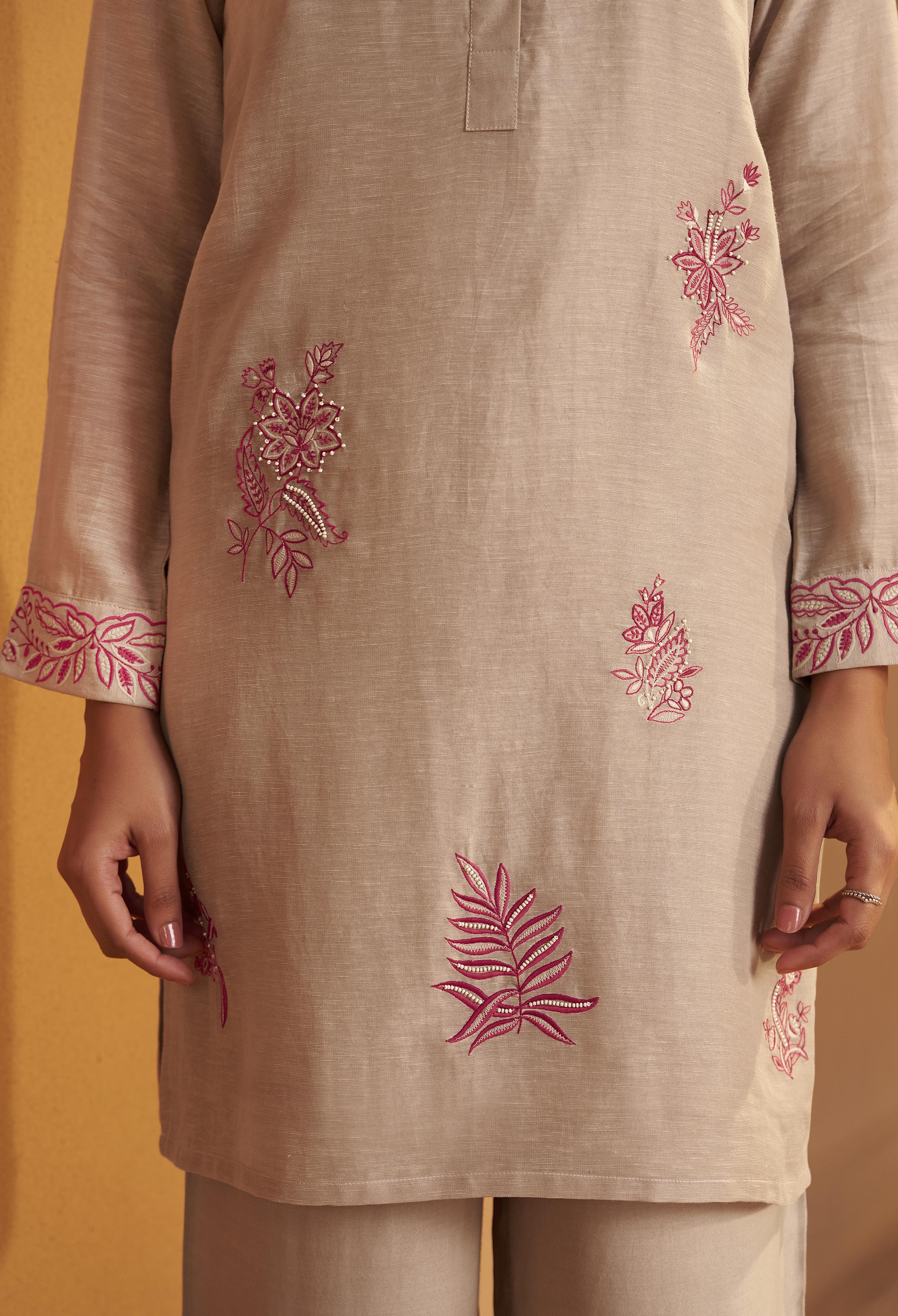 Hazelnut Biege Linen Embroidery Co-ord Set