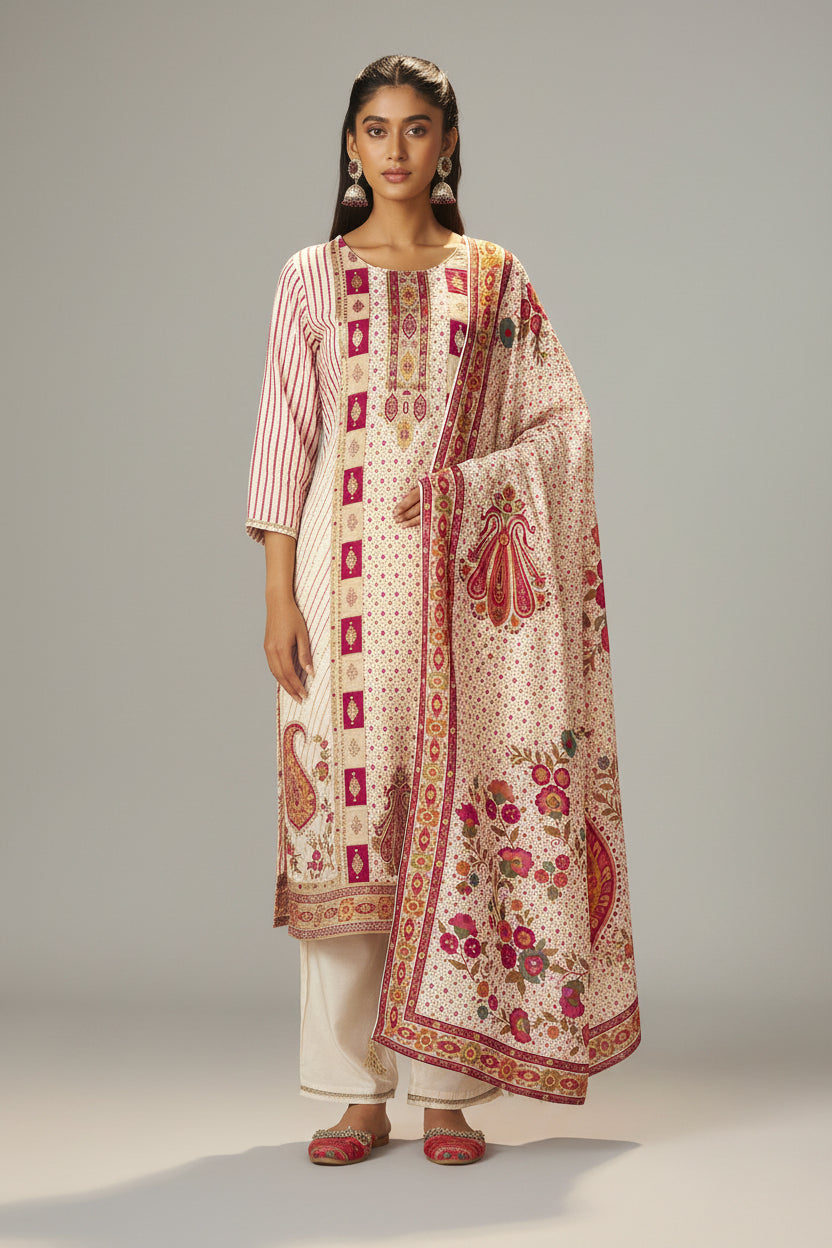 Rose-tinted Cream Position Print Viscose Jacquard Kurta Set