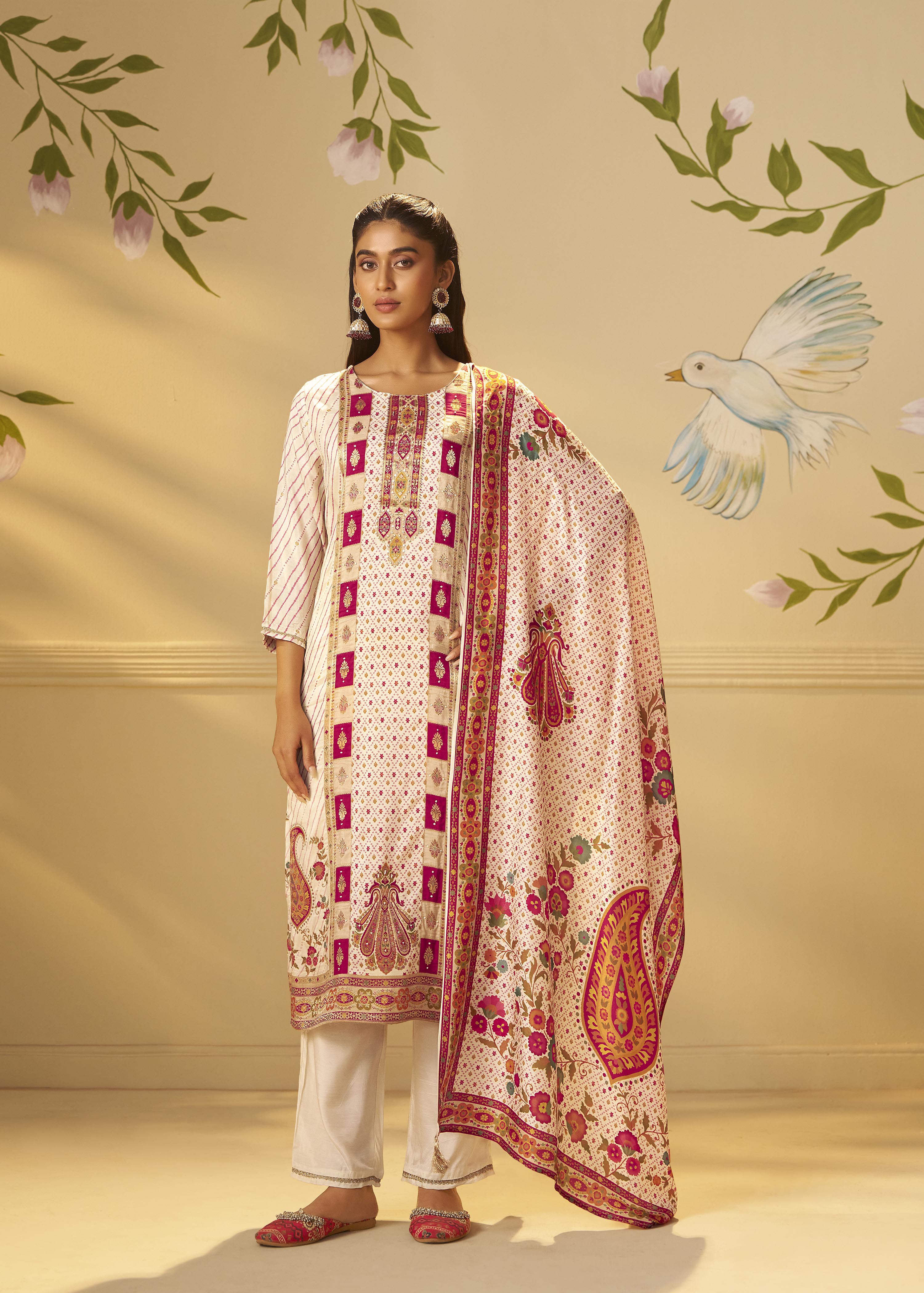 Rose-tinted Cream Position Print Viscose Jacquard Kurta Set
