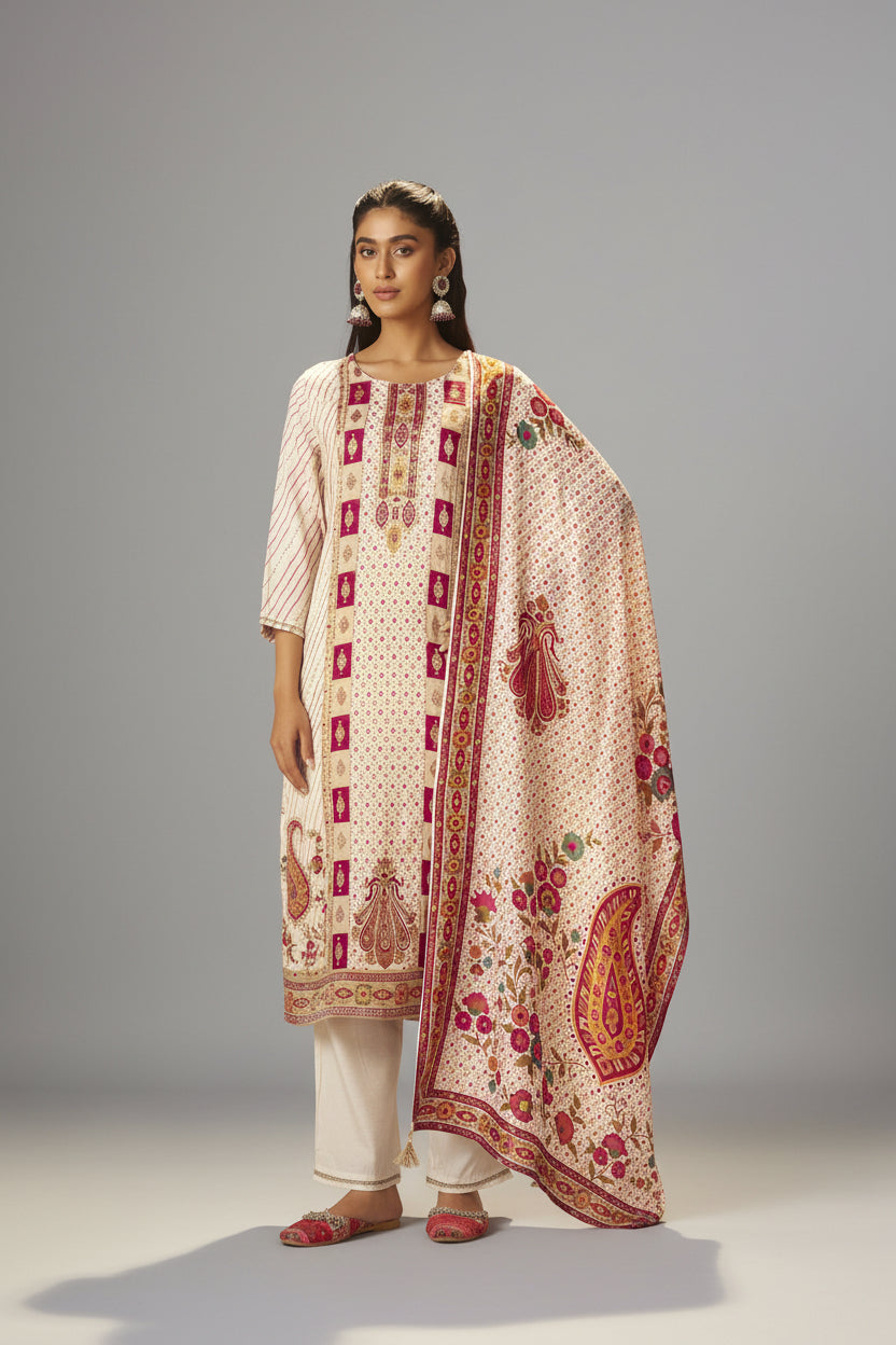 Rose-tinted Cream Position Print Viscose Jacquard Kurta Set
