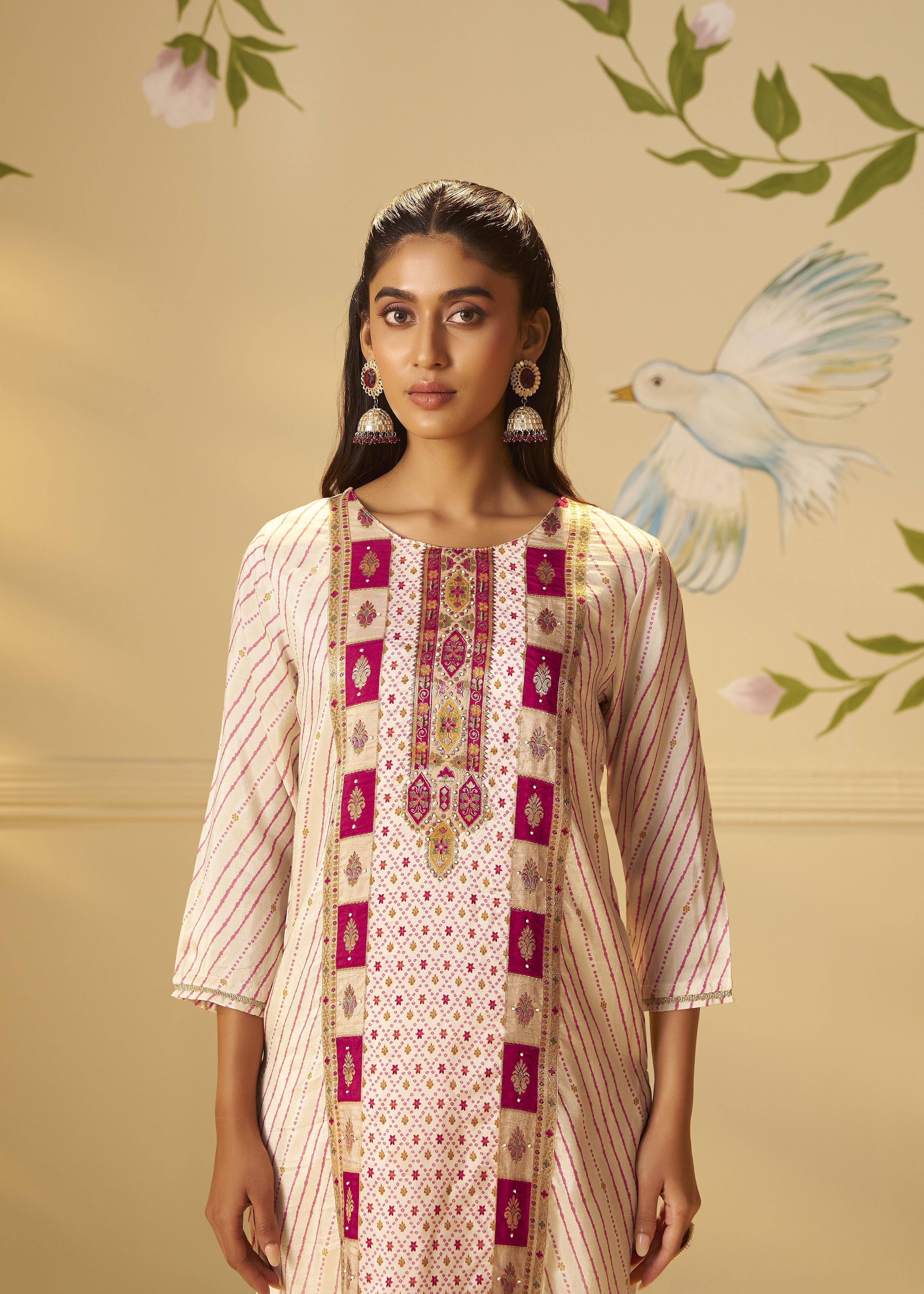 Rose-tinted Cream Position Print Viscose Jacquard Kurta Set
