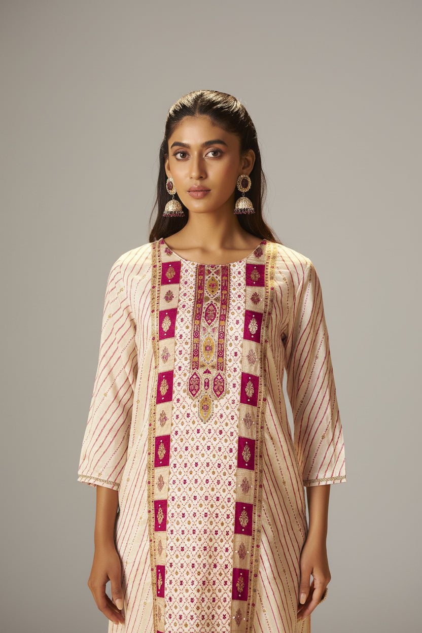Rose-tinted Cream Position Print Viscose Jacquard Kurta Set