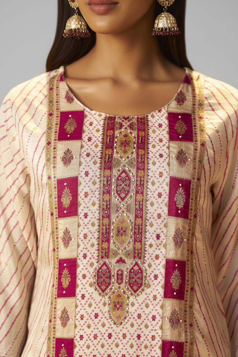 Rose-tinted Cream Position Print Viscose Jacquard Kurta Set