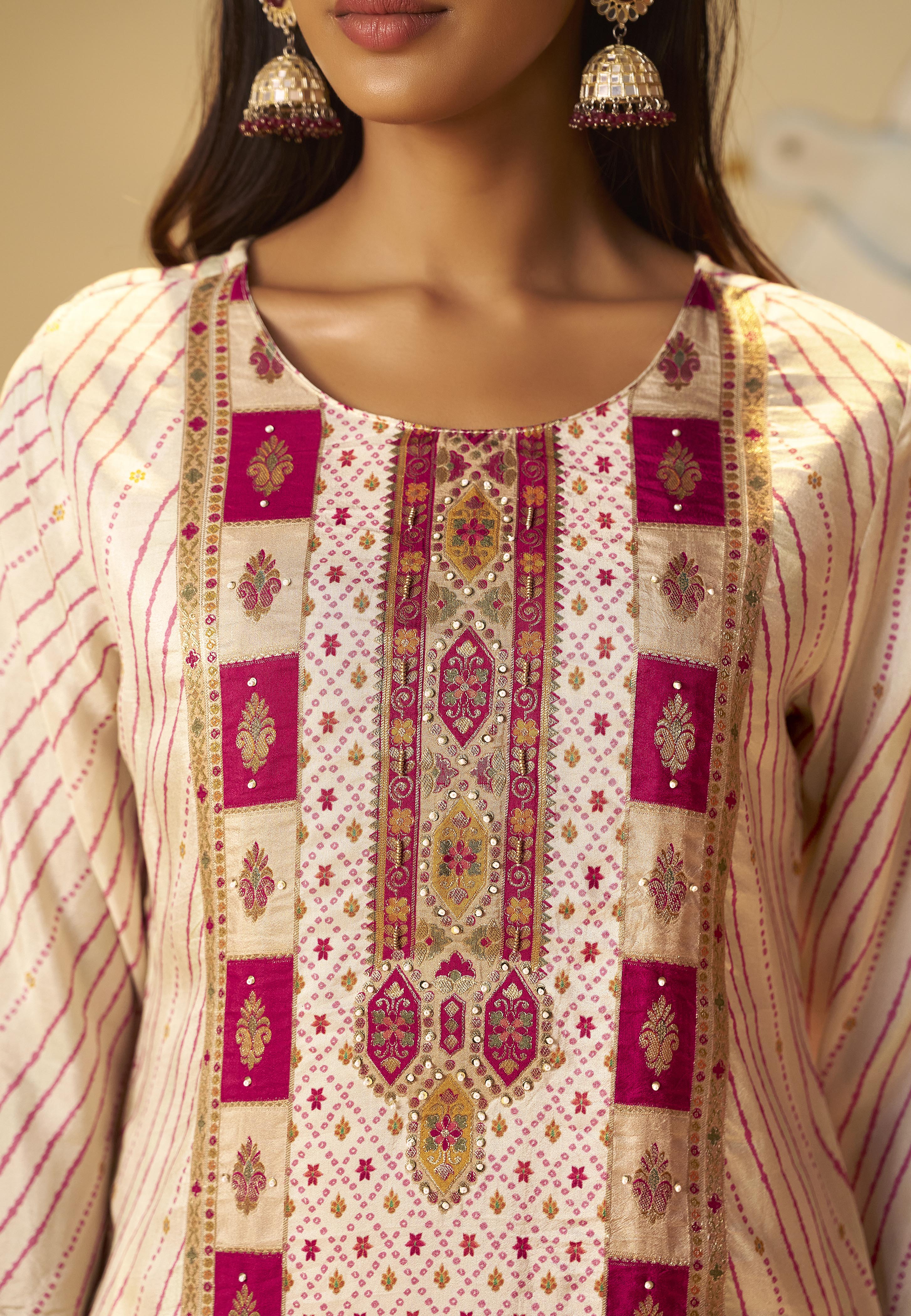 Rose-tinted Cream Position Print Viscose Jacquard Kurta Set