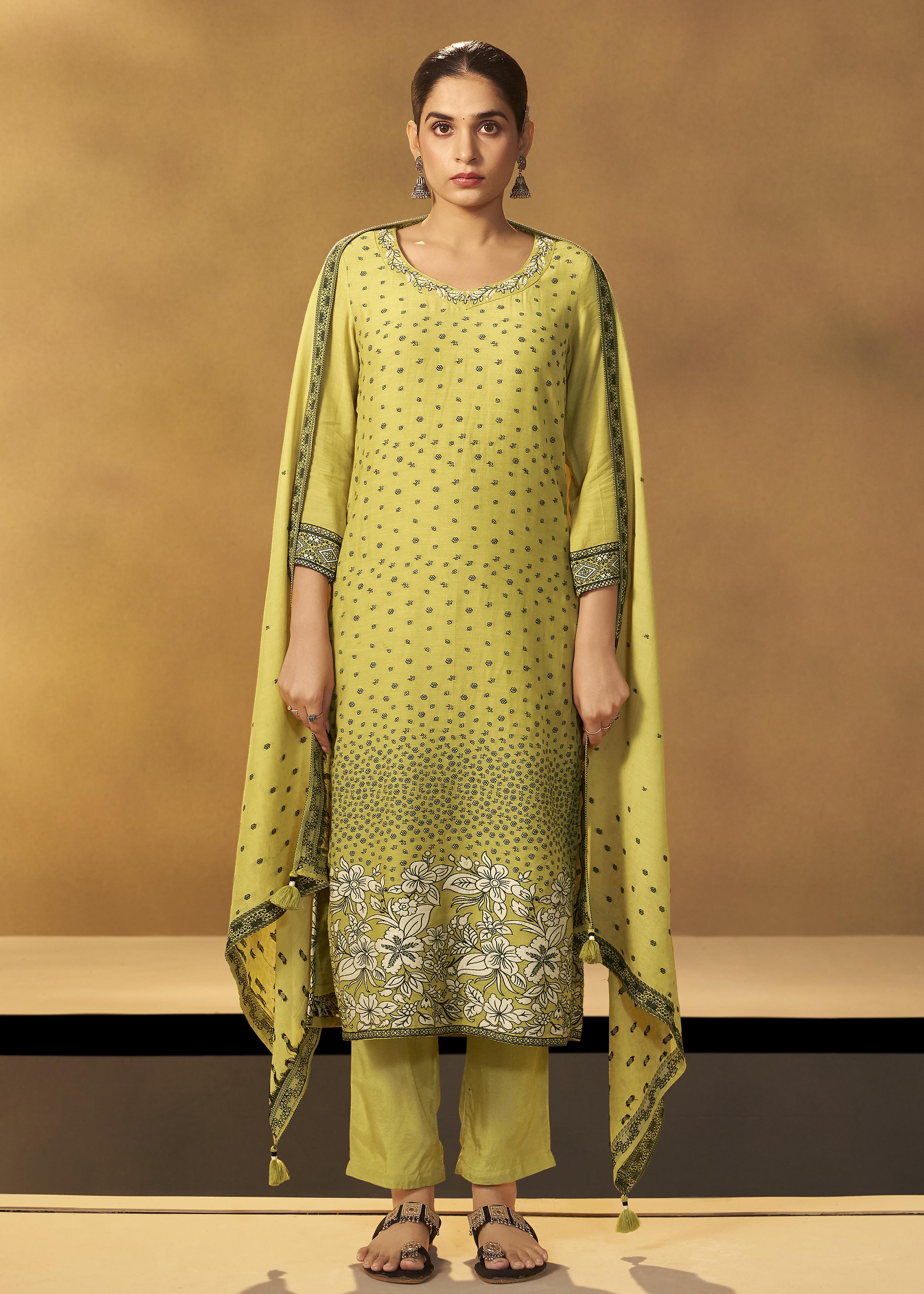Olive Yellow Muslin Black Jacquard Kurta Set