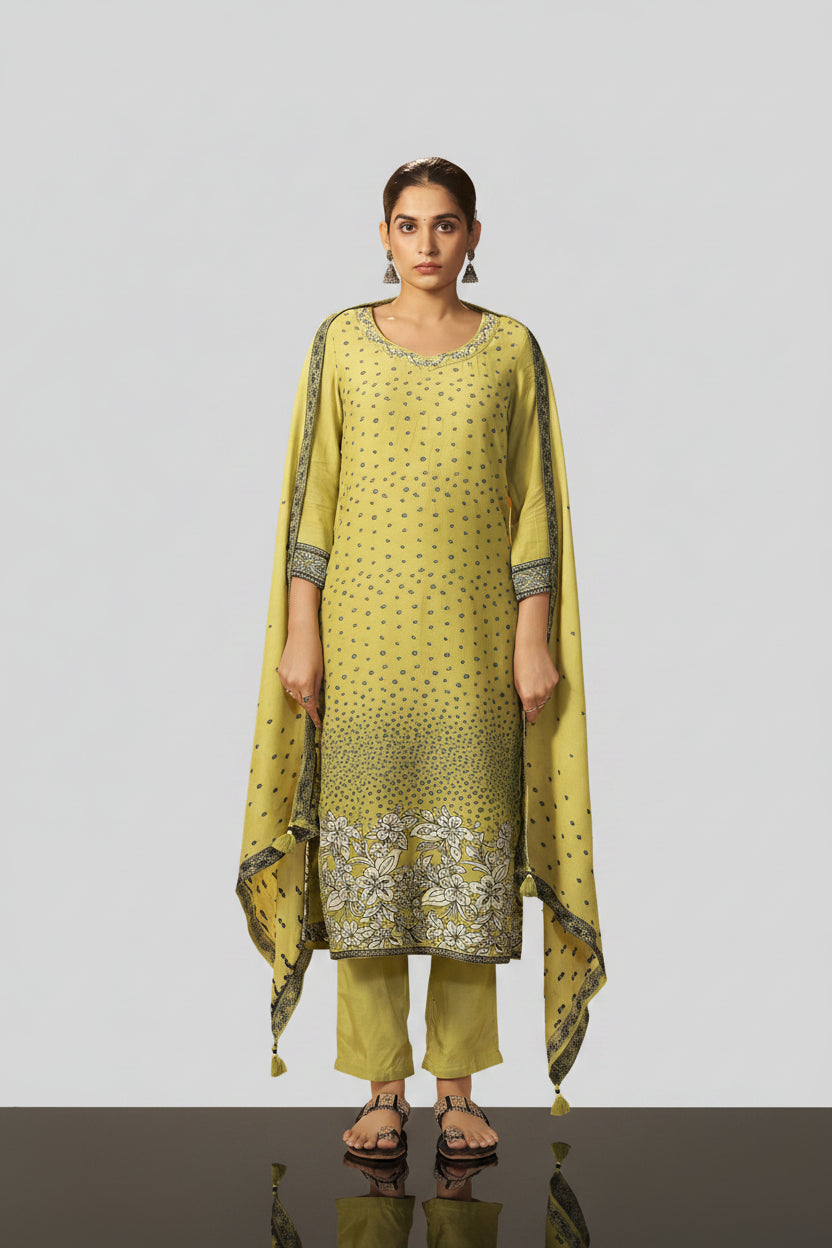 Olive Yellow Muslin Black Jacquard Kurta Set
